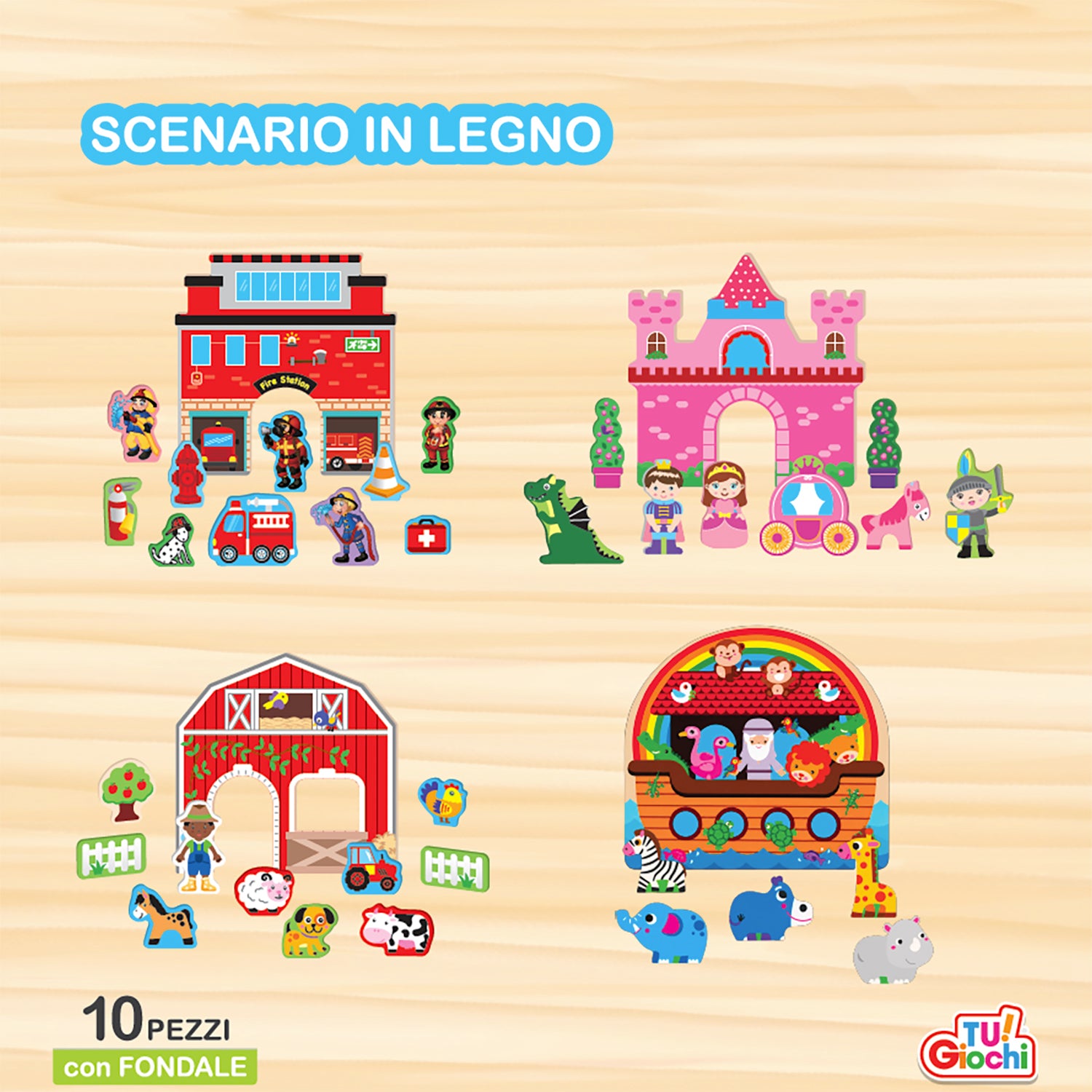 TU GIOCHI - Scenario in Legno con Fondale 12 Pezzi Woodworld 18+ Mesi
