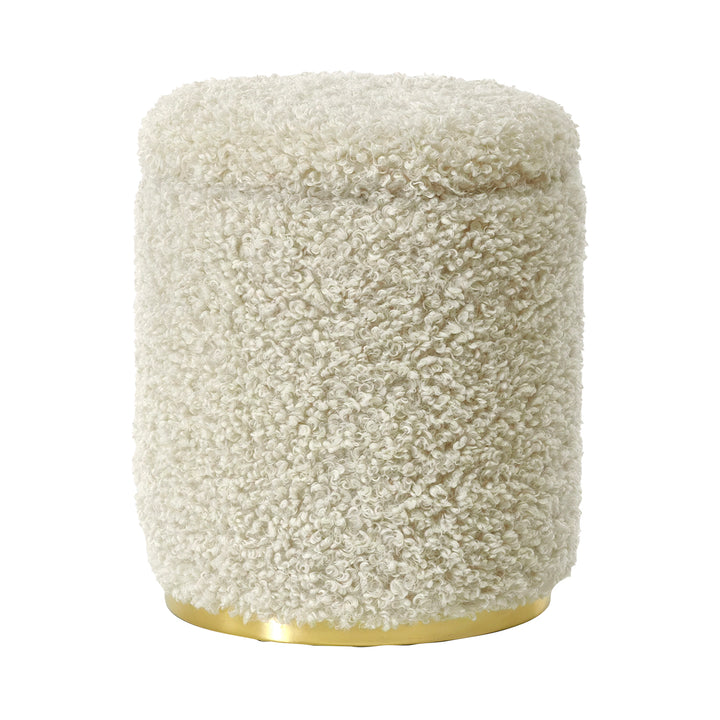 VESTIAMO CASA - Pouf Contenitore in tessuto Teddy Crema con base in metallo oro - h39 cm x diametro 33 cm