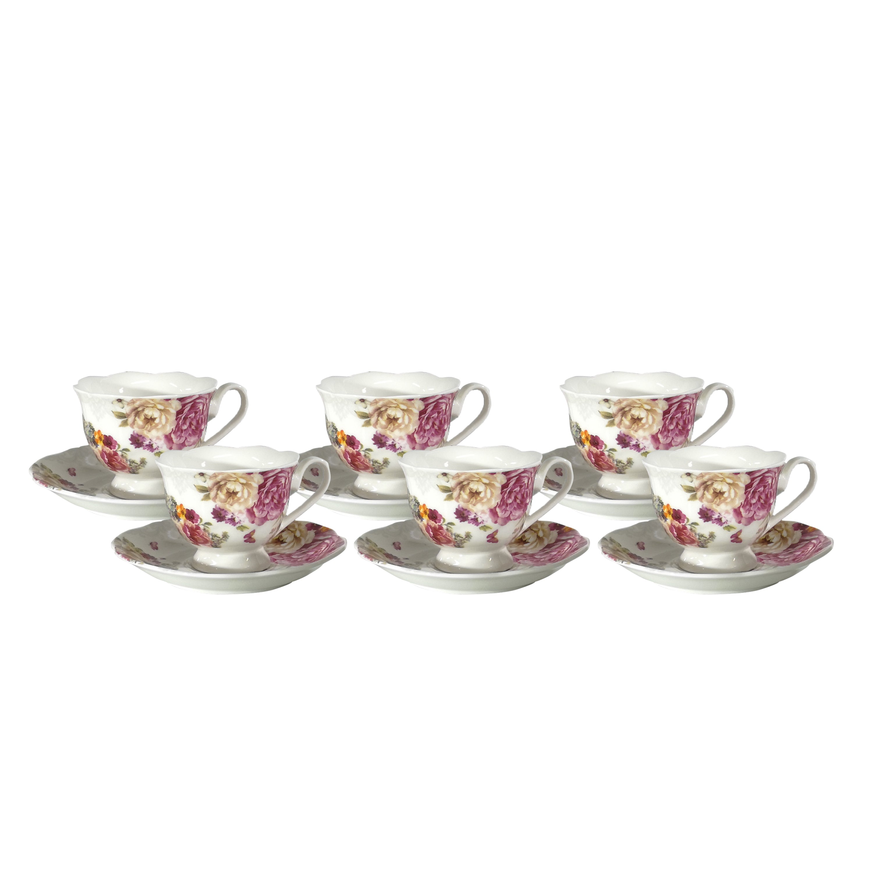 GUSTO CASA - Set 6 Tazzine da Caffè con Piattino in Ceramica Decoro Floreale 8 cl