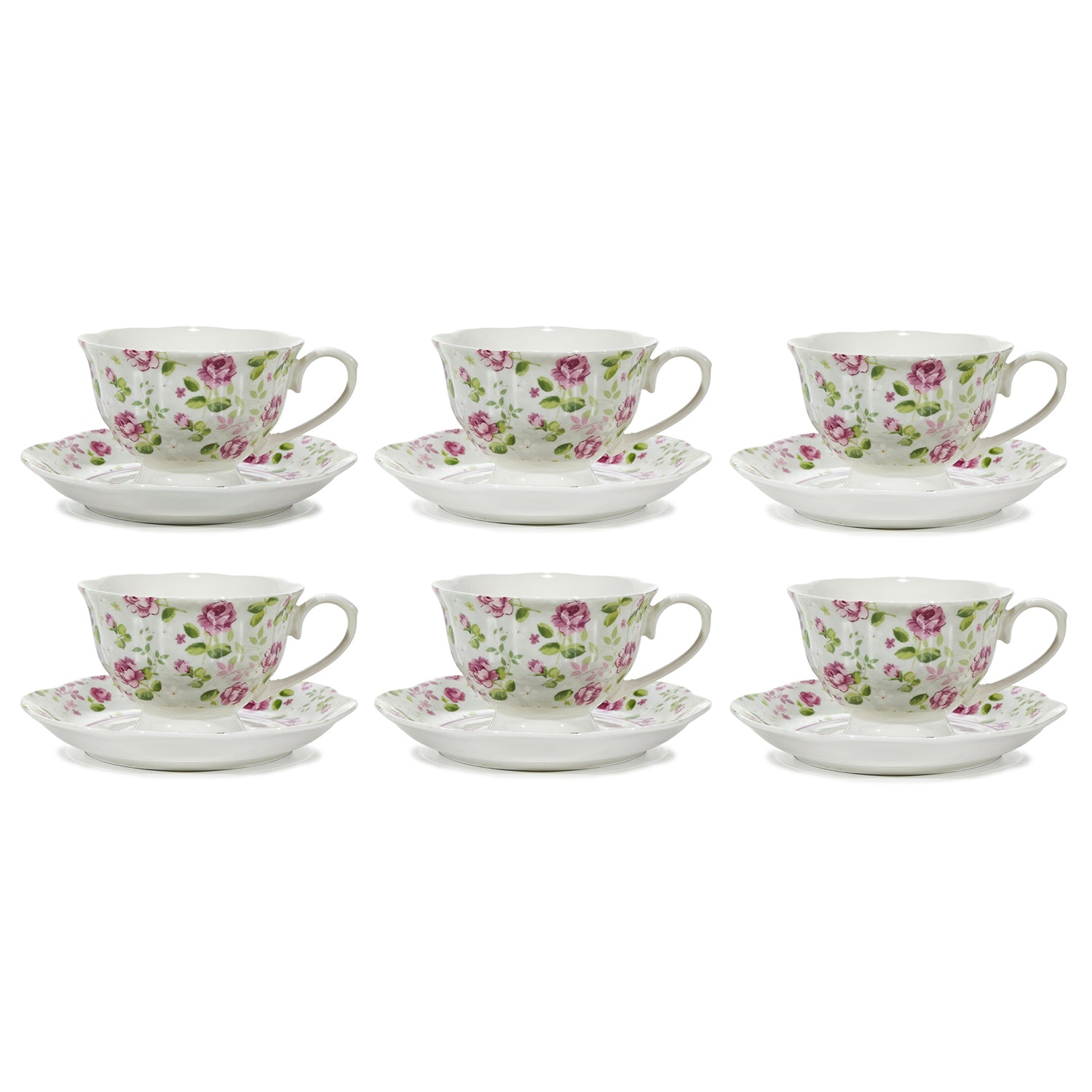 GUSTO CASA - Set 6 Tazzine da Caffè con Piattino in Ceramica Decoro Floreale 8 cl