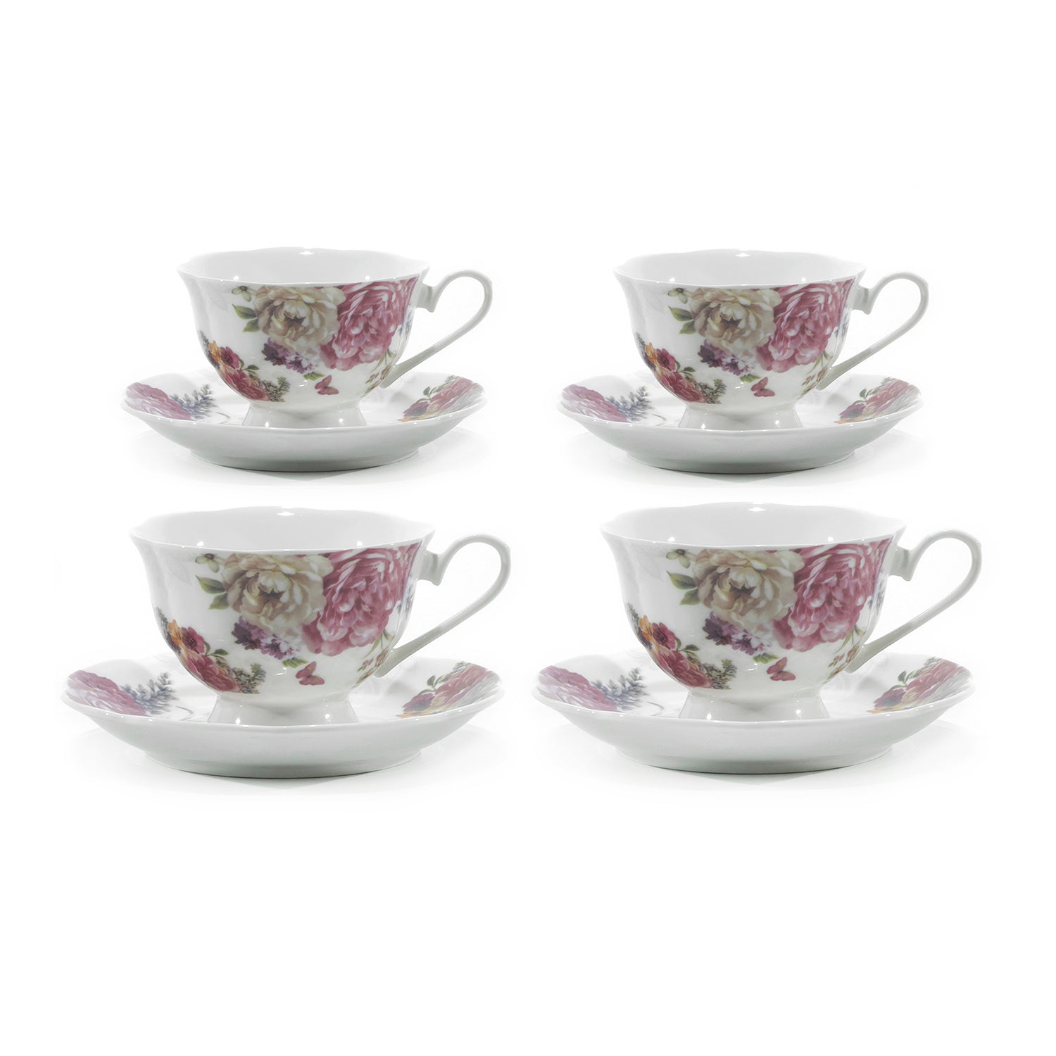 GUSTO CASA - Servizio da Tè in ceramica Romantic 4 Tazze con Piattino 20 cl