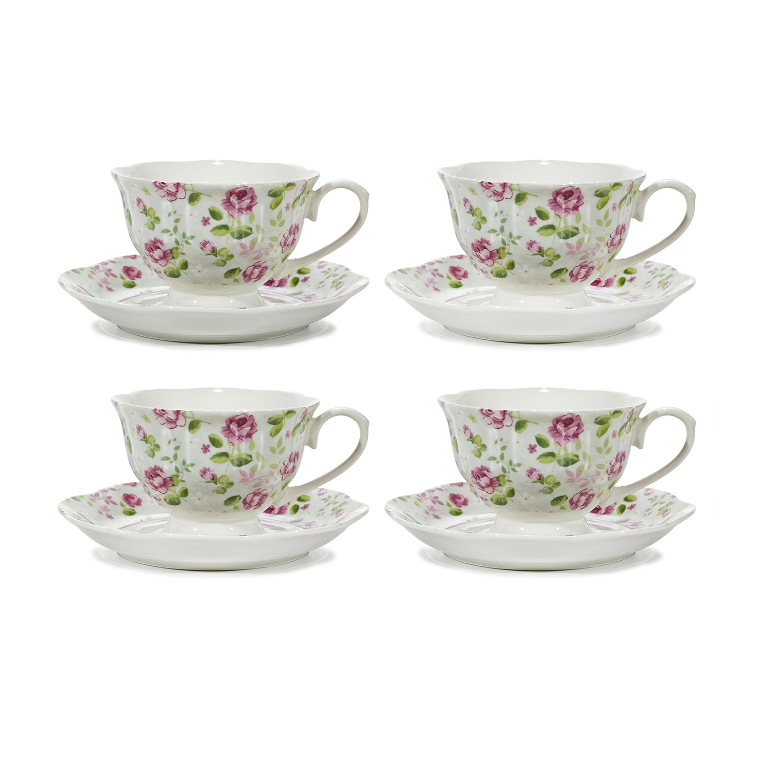 GUSTO CASA - Servizio da Tè in ceramica Romantic 4 Tazze con Piattino 20 cl