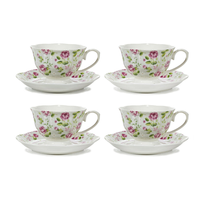 GUSTO CASA - Servizio da Tè in ceramica Romantic 4 Tazze con Piattino 20 cl