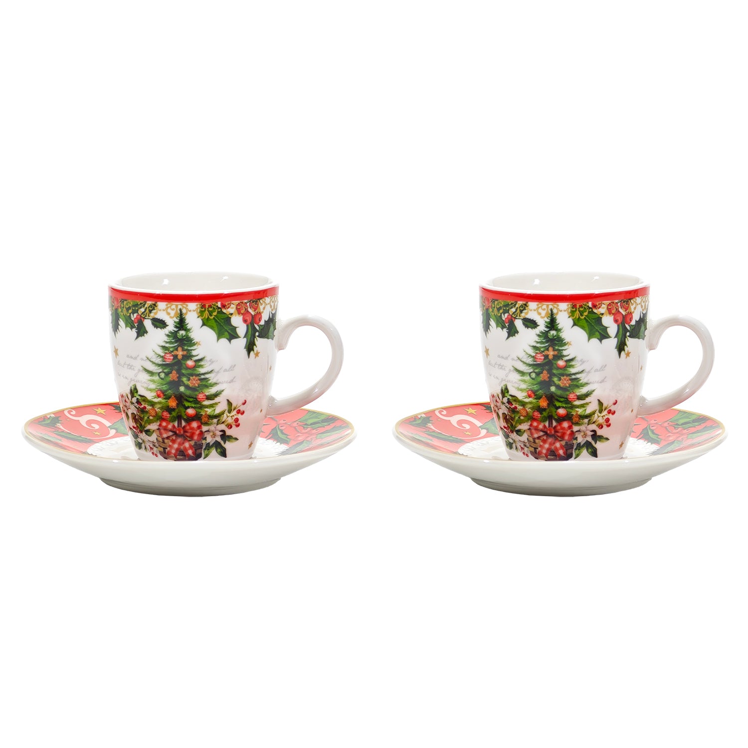 VESTIAMO CASA GRAN NATALE - Set 2 Tazzine da Caffè Natalizie con Piattino in Porcellana 8 cl
