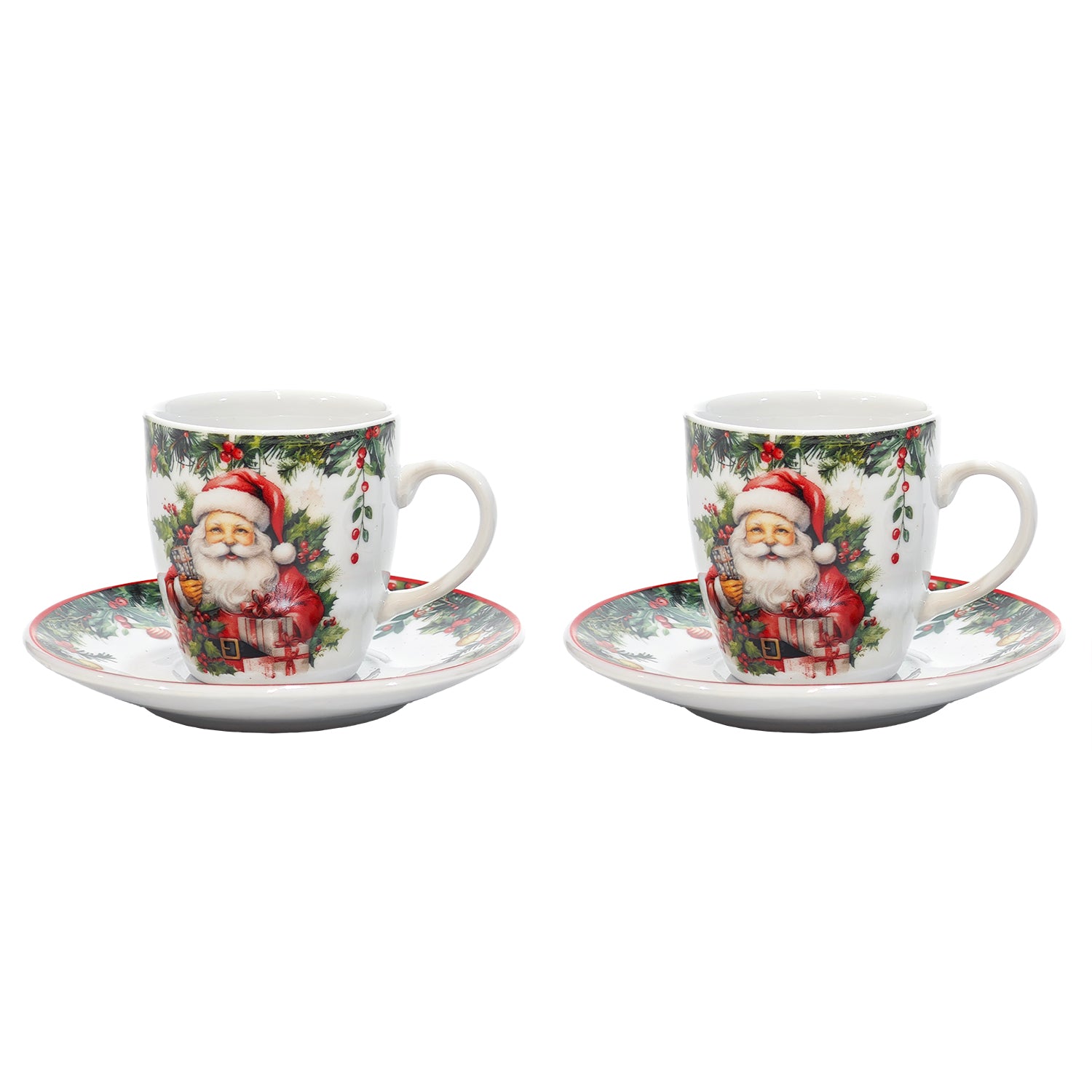 VESTIAMO CASA GRAN NATALE - Set 2 Tazzine da Caffè Natalizie con Piattino in Porcellana 8 cl