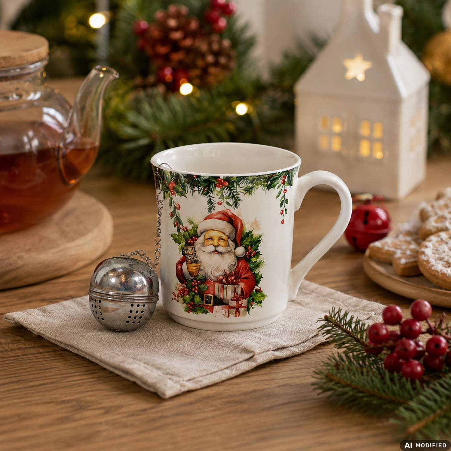 VESTIAMO CASA GRAN NATALE - Tazza Natalizia in Porcellana New Bone China con Infusiera in Acciaio Inox 32 cl