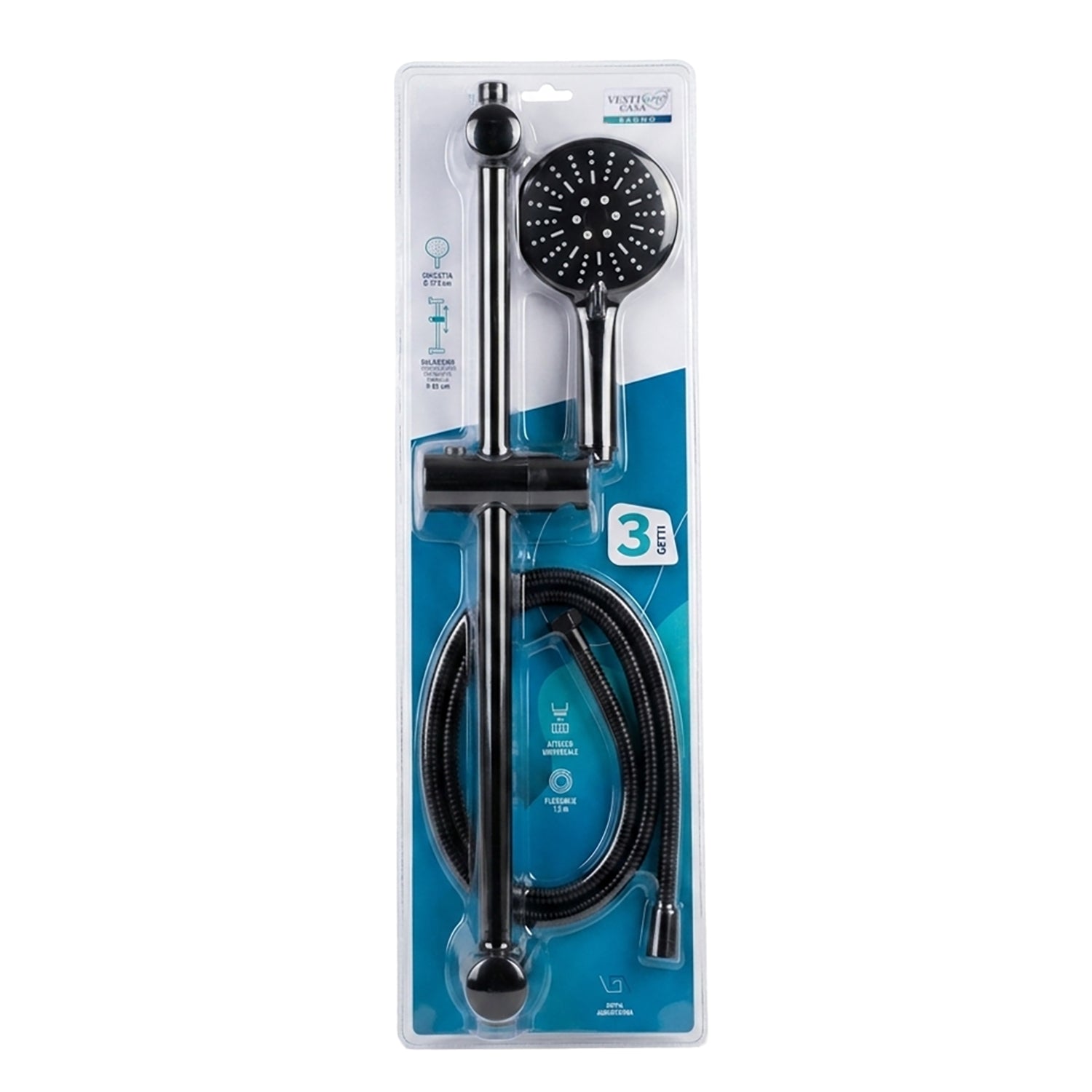 VESTIAMO CASA - Set Doccia con Saliscendi Blackjet – 3 Getti, con Doccetta e Flessibile da 1,5 m