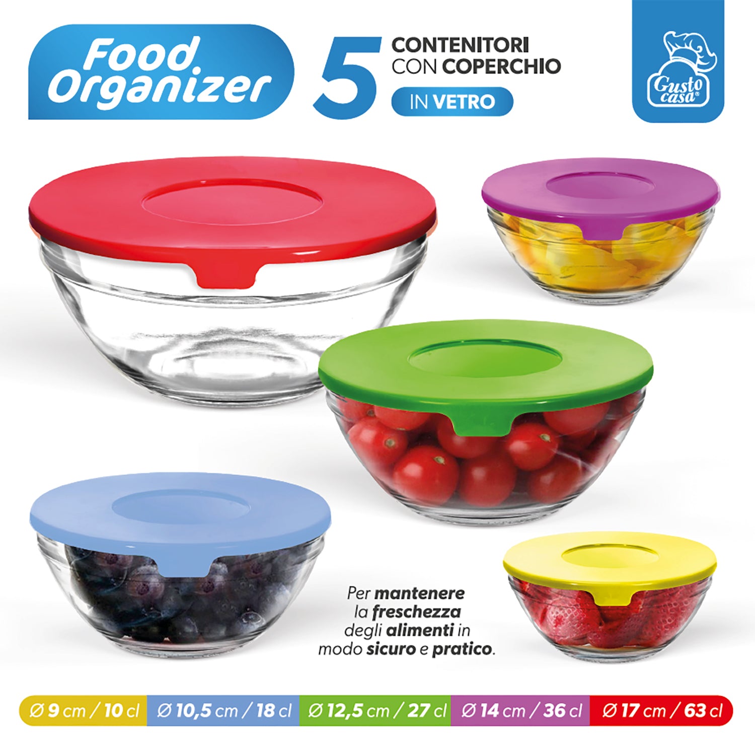 GUSTO CASA - Set 5 Contenitori Food Organizer in Vetro con Coperchio Colorato Salvaspazio