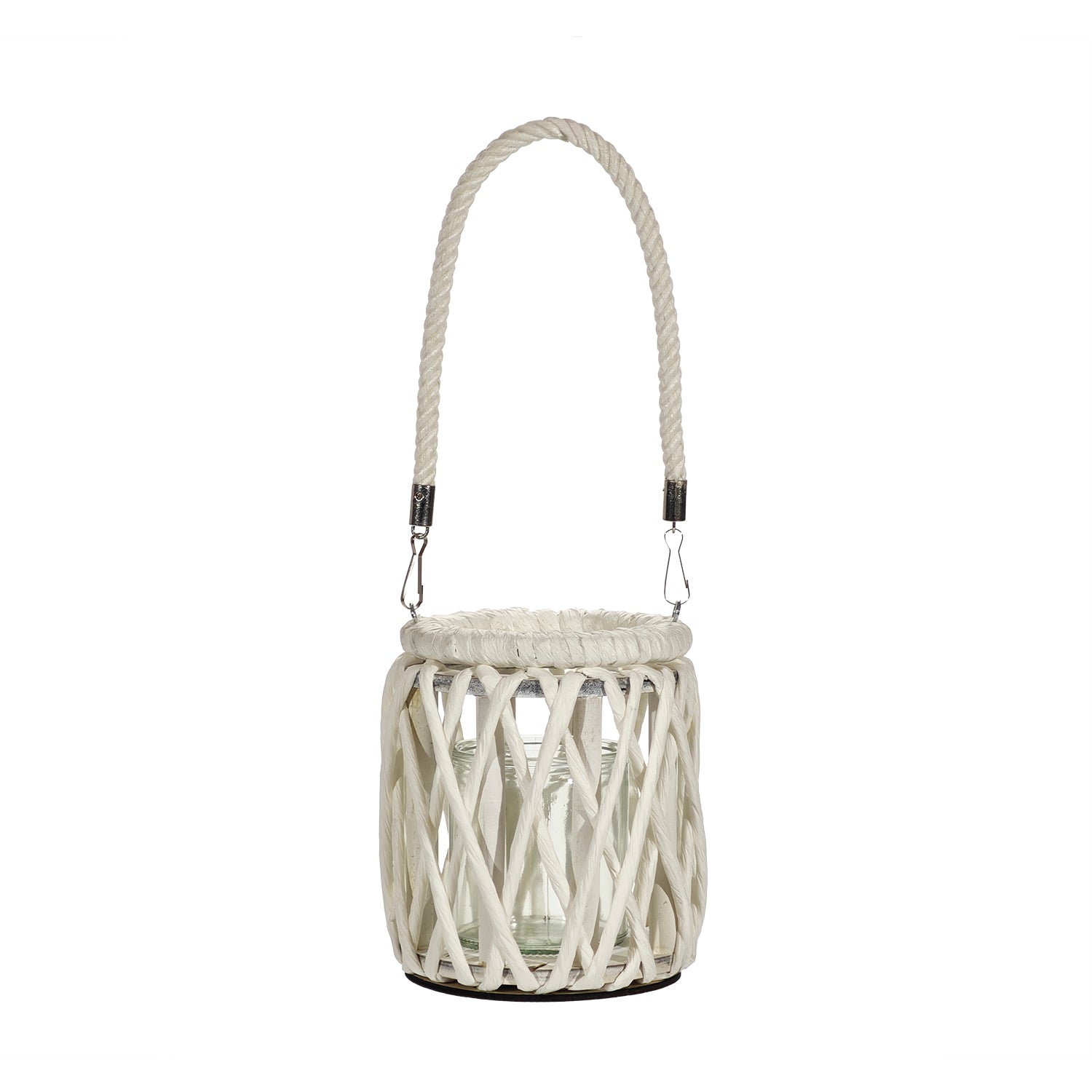 VESTIAMO CASA - Lanterna Portacandela in Legno e Vetro con Manico Bianca h14 cm