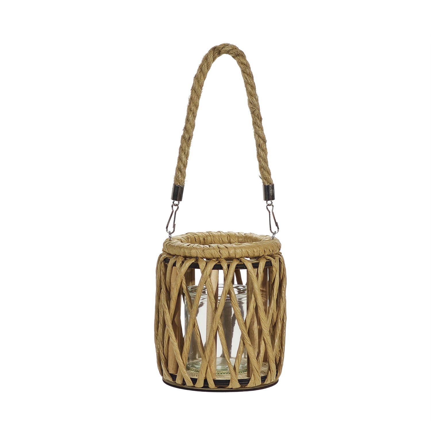 VESTIAMO CASA - Lanterna Portacandela in Legno e Vetro con Manico Naturale h14 cm