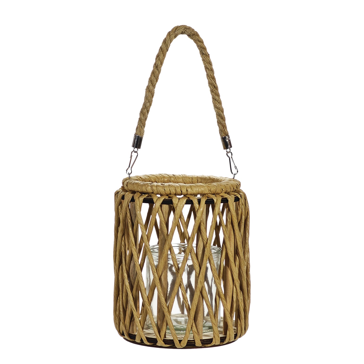 VESTIAMO CASA - Lanterna Portacandela in Legno e Vetro con Manico Naturale h20,5 cm