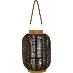 VESTIAMO CASA - Lanterna portacandela con cestino in bamboo e tessuto di lino Nero - h32 cm diametro 20 cm