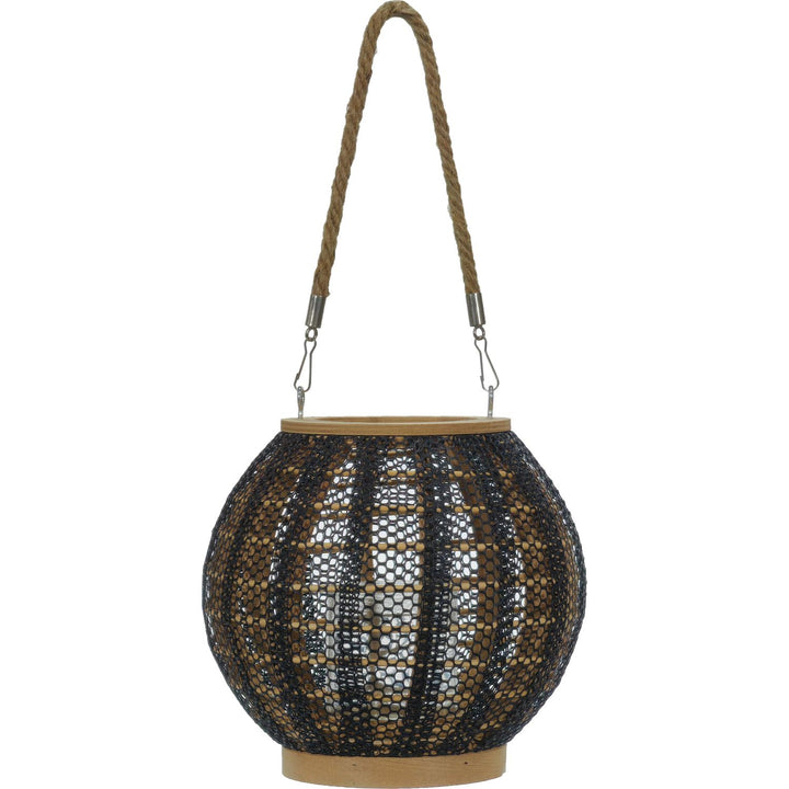 VESTIAMO CASA - Lanterna portacandela con cestino in bamboo e tessuto di lino Nero - h21 cm diametro 21 cm