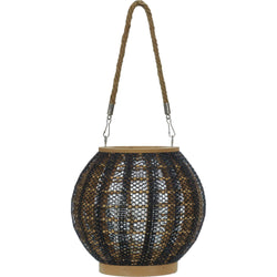 VESTIAMO CASA - Lanterna portacandela con cestino in bamboo e tessuto di lino Nero - h21 cm diametro 21 cm
