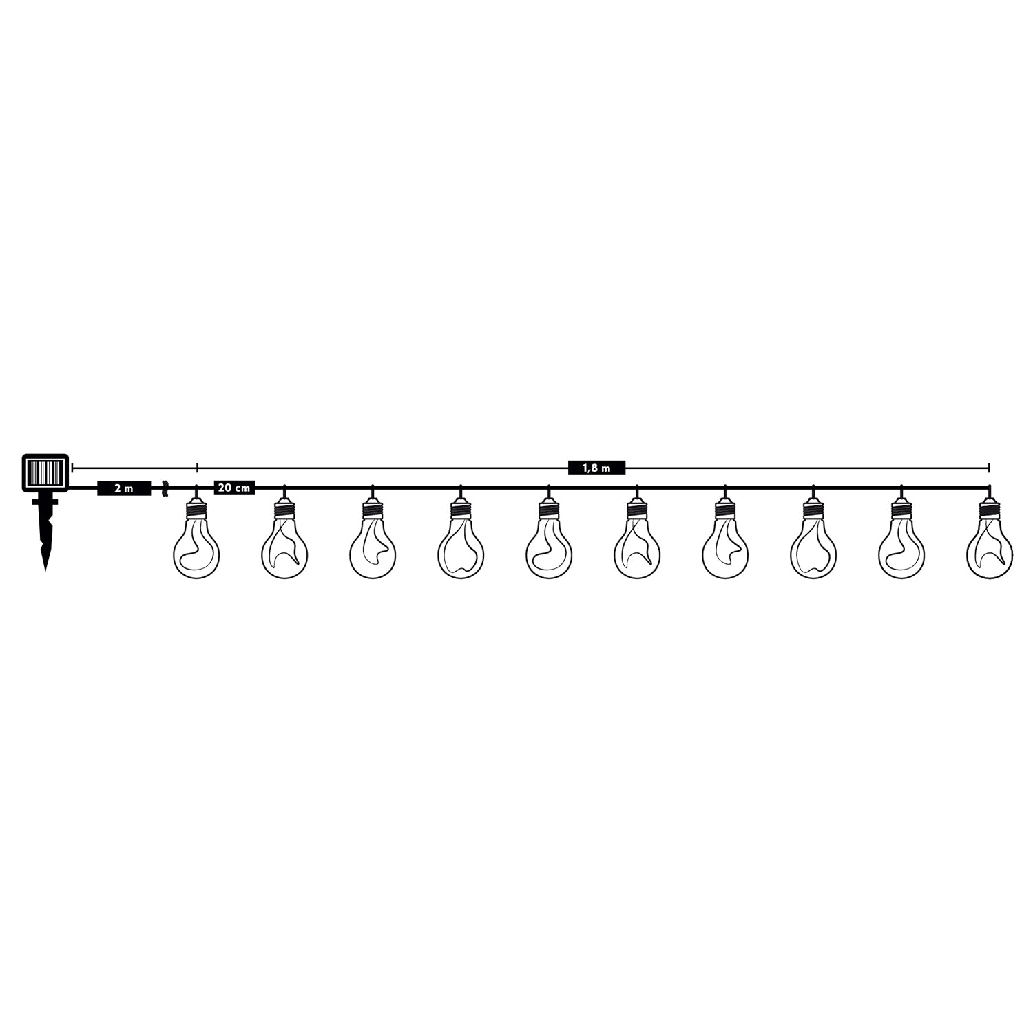DICTROLUX - Catena Luminosa Solare 10 Lampadine LED Luce Naturale da Esterno - Lunghezza totale catena 3,80 metri