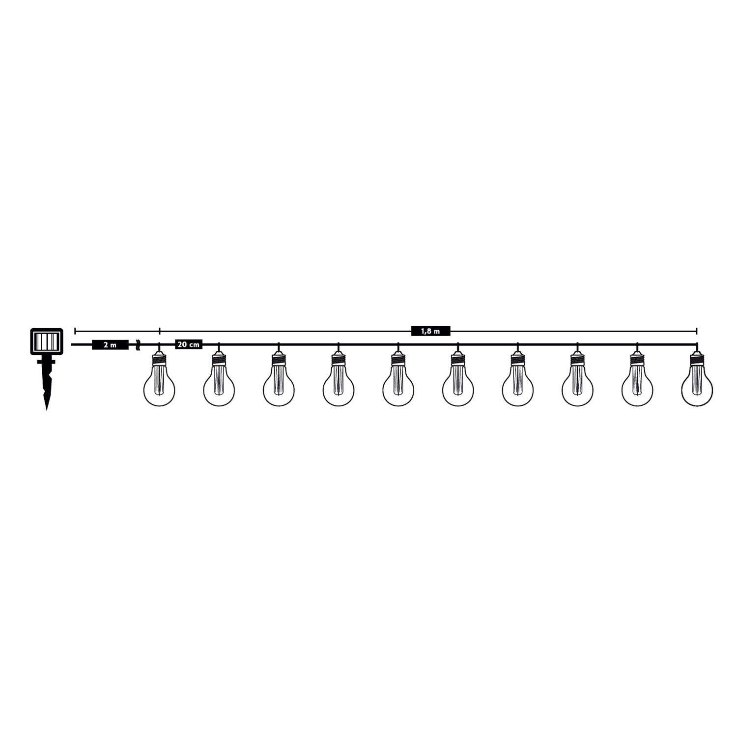 DICTROLUX - Catena Luminosa Solare 10 Lampadine LED Luce Calda da Esterno - Lunghezza totale catena 3,80 metri