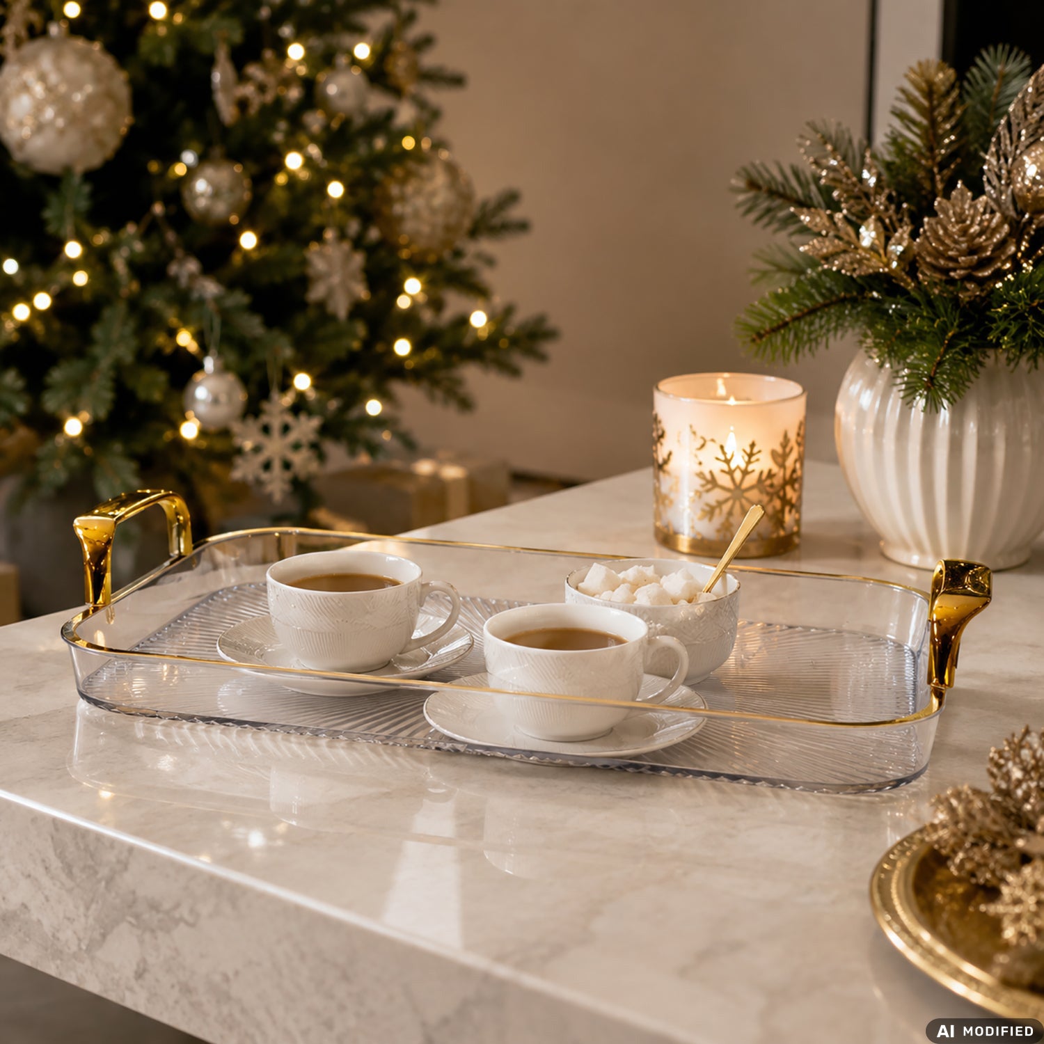 VESTIAMO CASA GRAN NATALE - Vassoio Rettangolare Trasparente con Manici Oro in PET 43x26,5 cm
