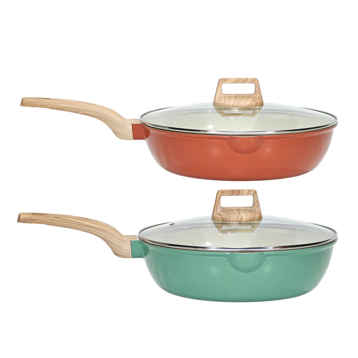 GUSTO CASA - Padella Antiaderente in alluminio pressato Crazy Wood diametro 30 cm con Coperchio in Vetro e Doppio Scolo