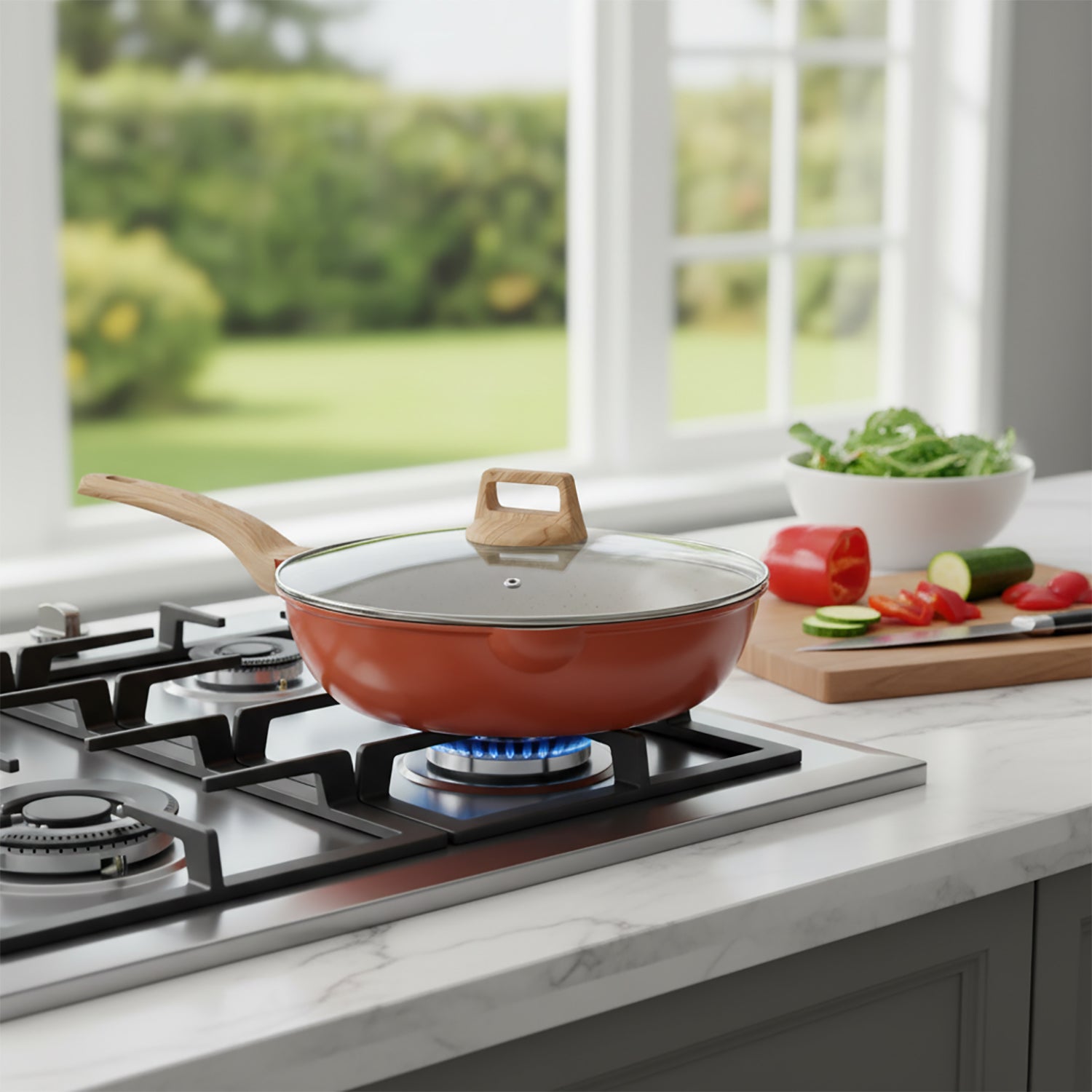 GUSTO CASA - Padella Antiaderente in alluminio pressato con Coperchio in Vetro e Doppio Scolo Crazy Wood diametro 30 cm
