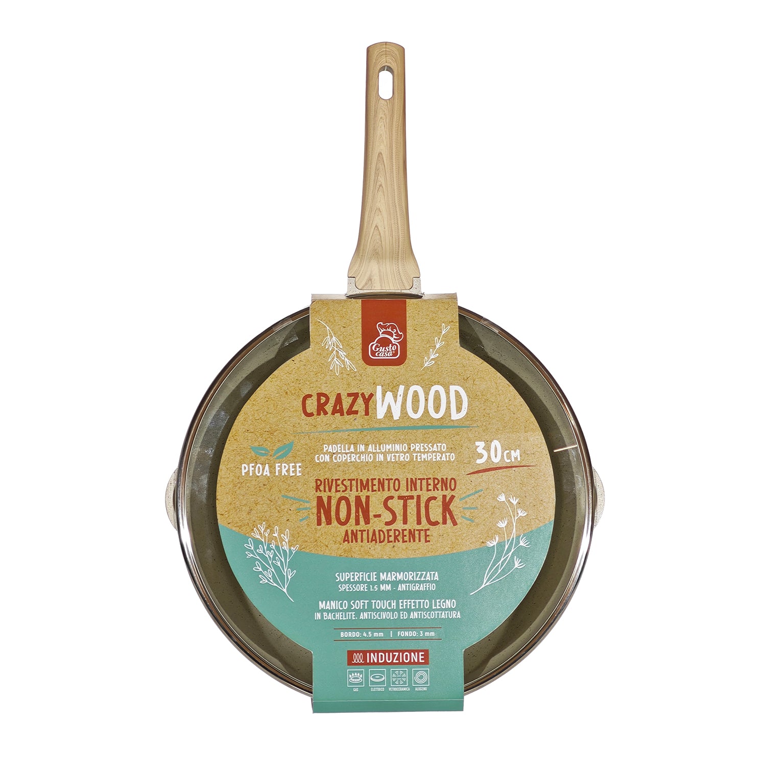 GUSTO CASA - Padella Antiaderente in alluminio pressato con Coperchio in Vetro e Doppio Scolo Crazy Wood diametro 30 cm