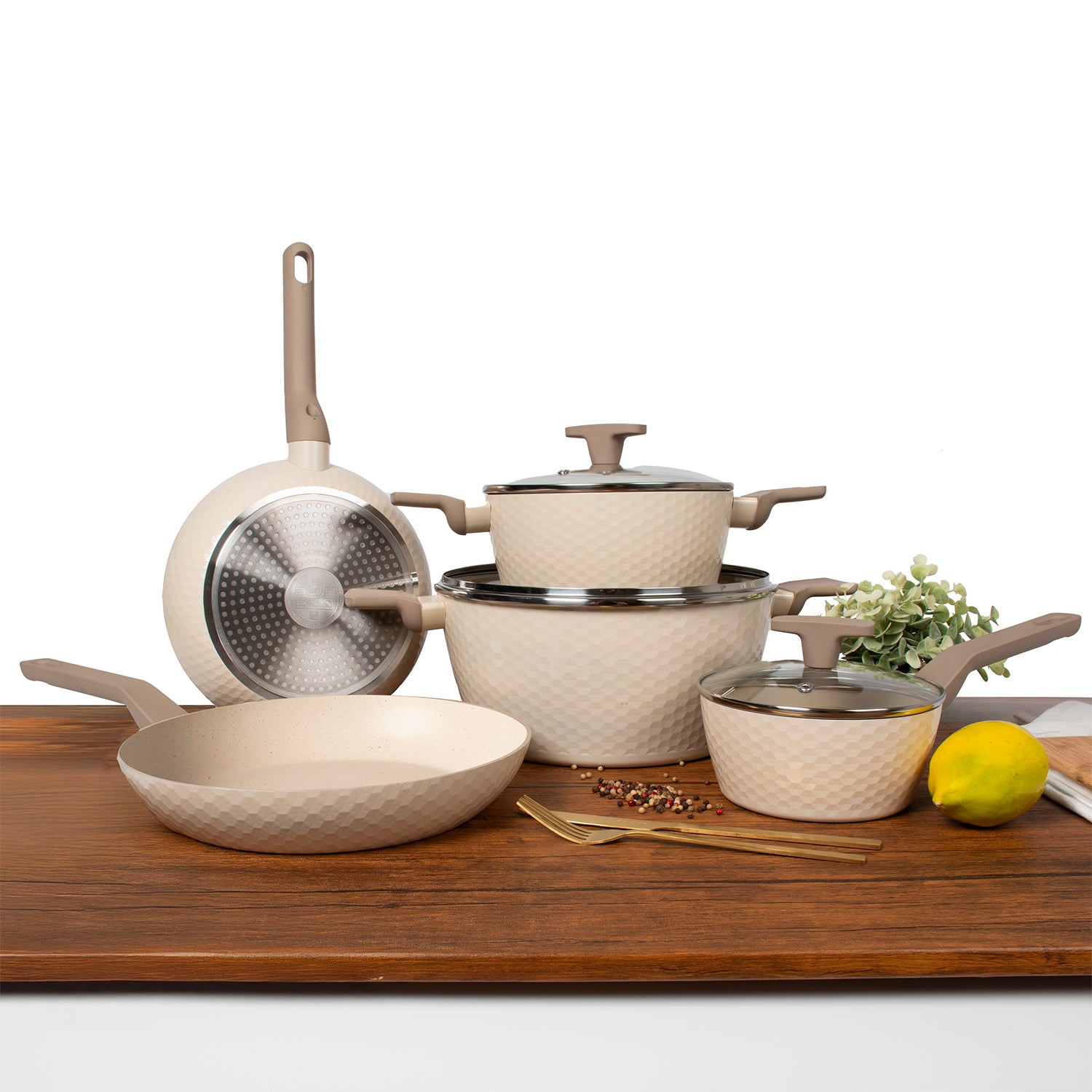 GUSTO CASA - Padella Wok in alluminio pressato Beige Linea Diamante diametro 32 cm