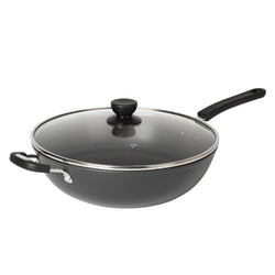 GUSTO CASA - Padella Wok in alluminio pressato con coperchio in vetro Linea Black Crown - diametro 32 cm