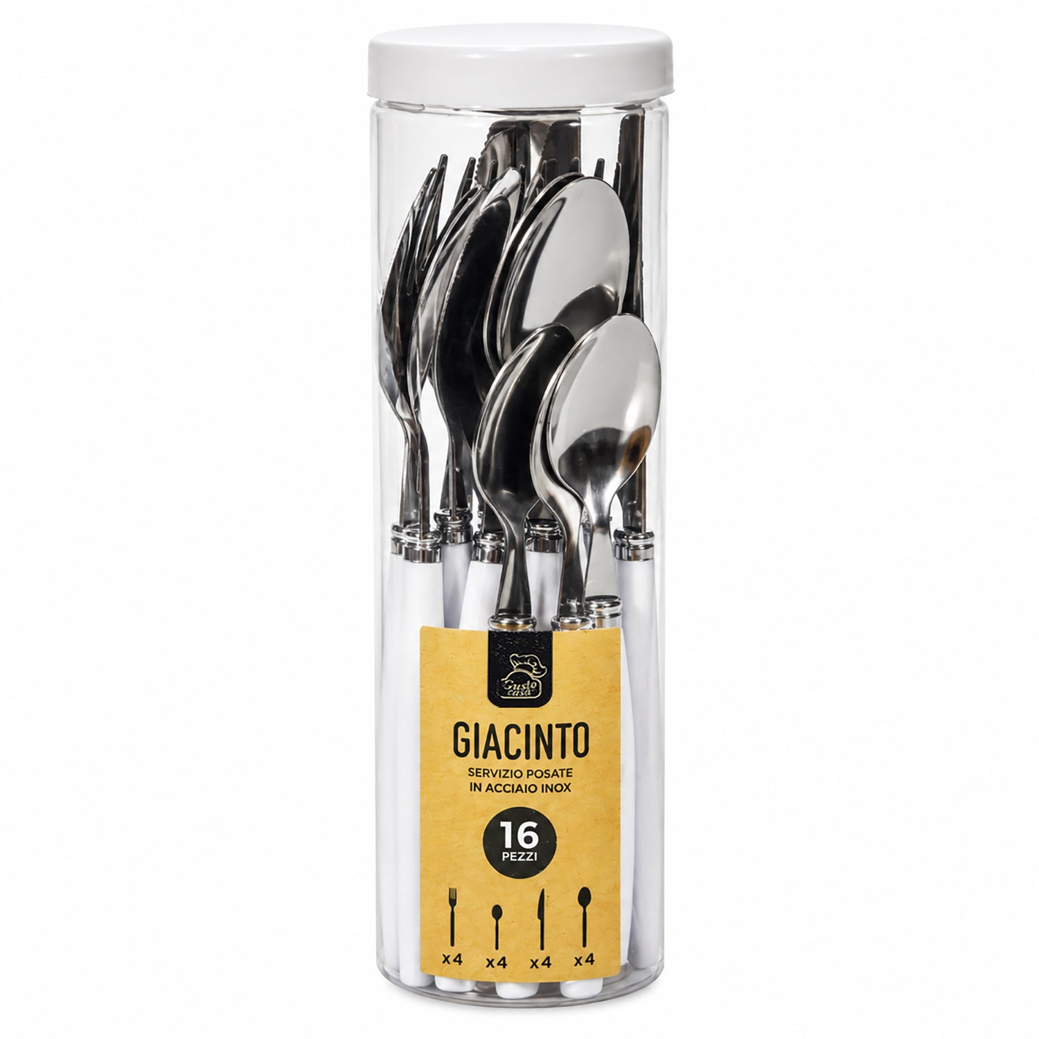 GUSTO CASA - Set Posate Giacinto 16 Pezzi in Acciaio Inox con Manici Bianchi