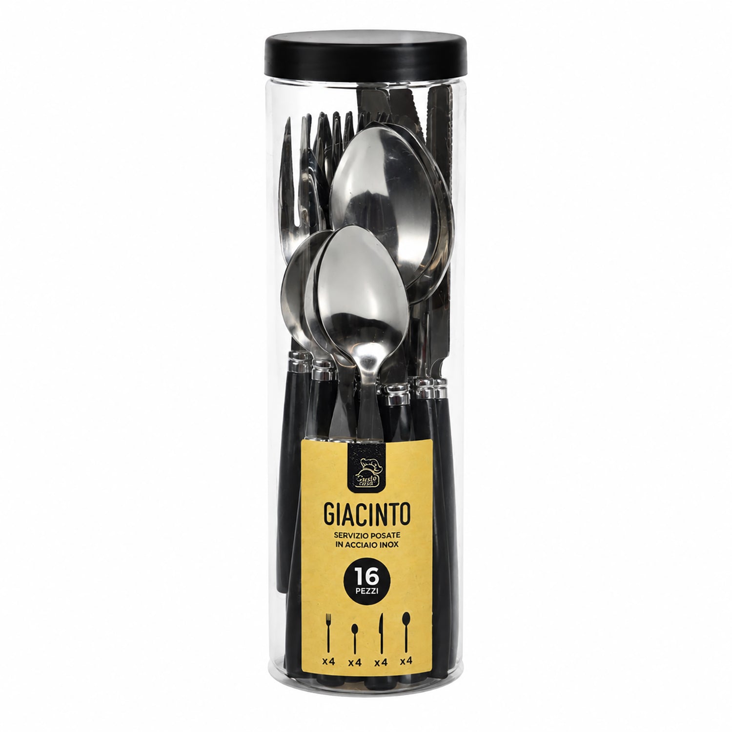 GUSTO CASA - Set Posate Giacinto 16 Pezzi in Acciaio Inox con Manici Neri
