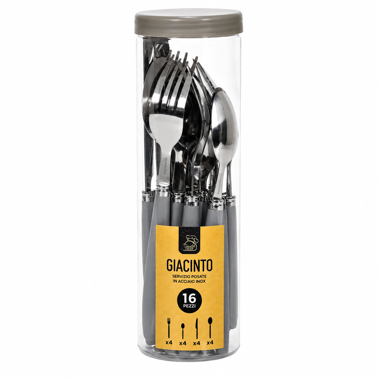 GUSTO CASA - Set Posate Giacinto 16 Pezzi in Acciaio Inox con Manici Grigi