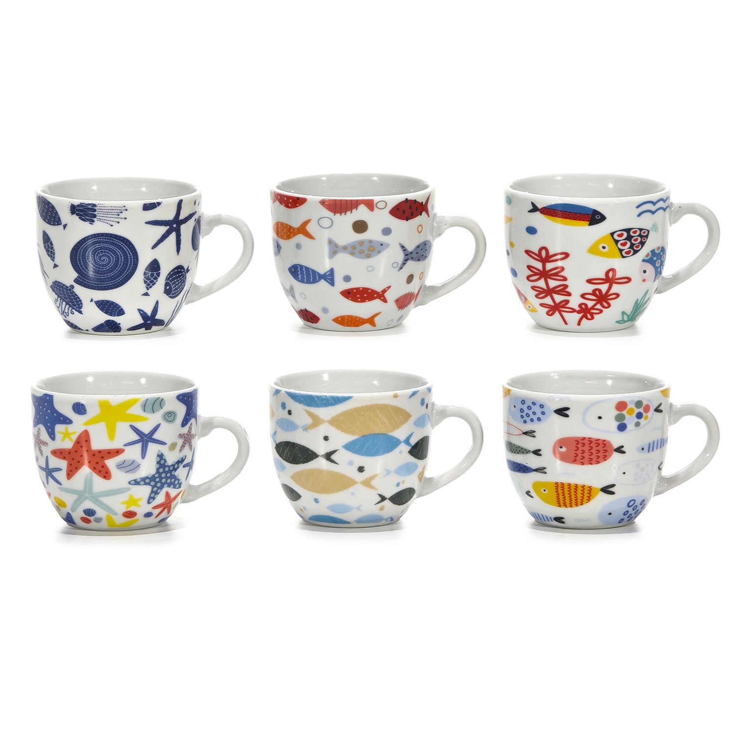 GUSTO CASA - Tazzine da caffè in Porcellana Decori Marini Multicolor 9 cl - set 6 pezzi