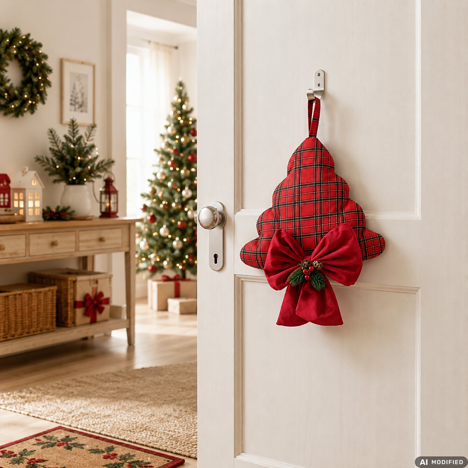 VESTIAMO CASA GRAN NATALE - Appendino Dietroporta Natalizio in Poliestere Rosso con dettagli Tartan h35 cm