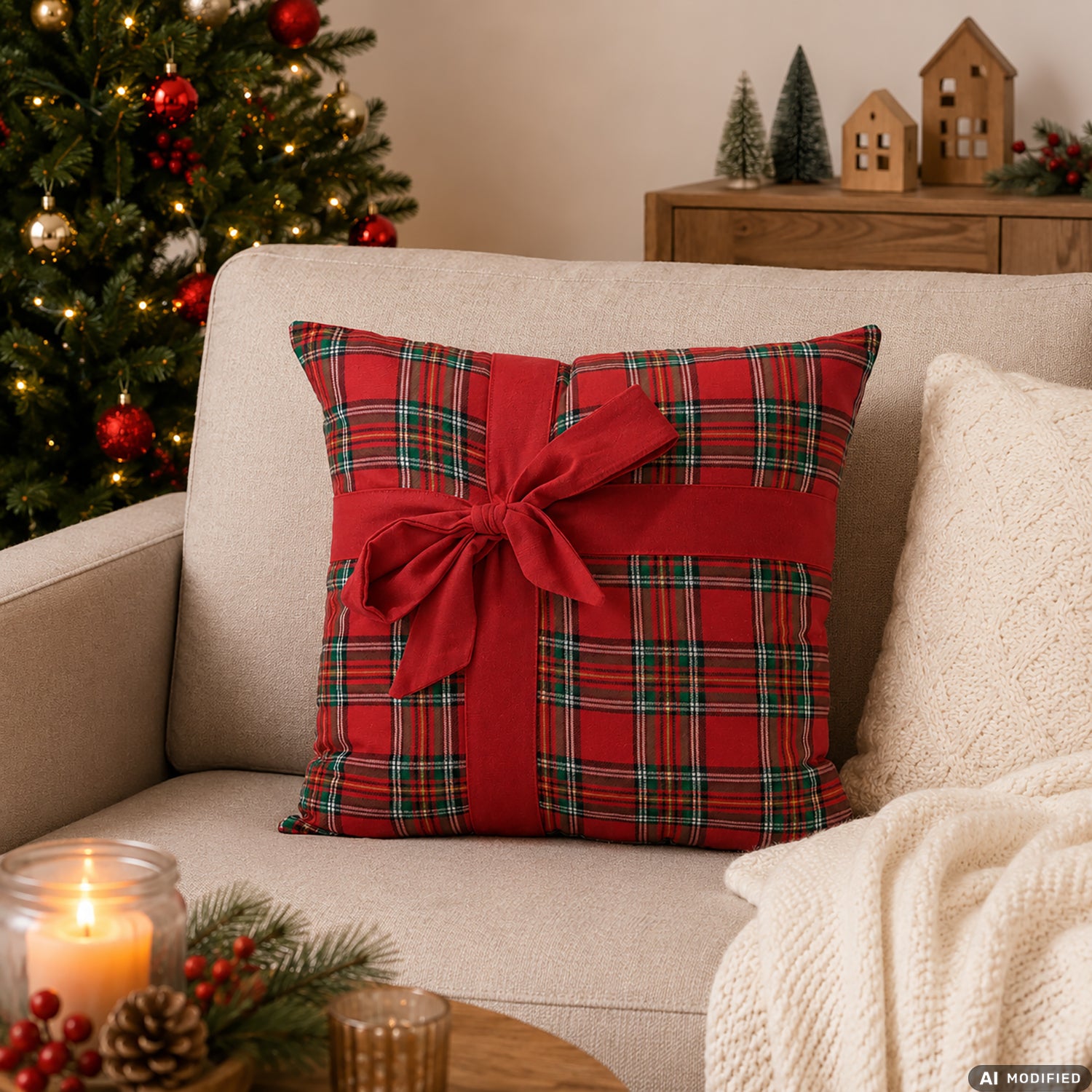 VESTIAMO CASA GRAN NATALE - Cuscino Natalizio Scozzese con Fiocco 45x45 cm