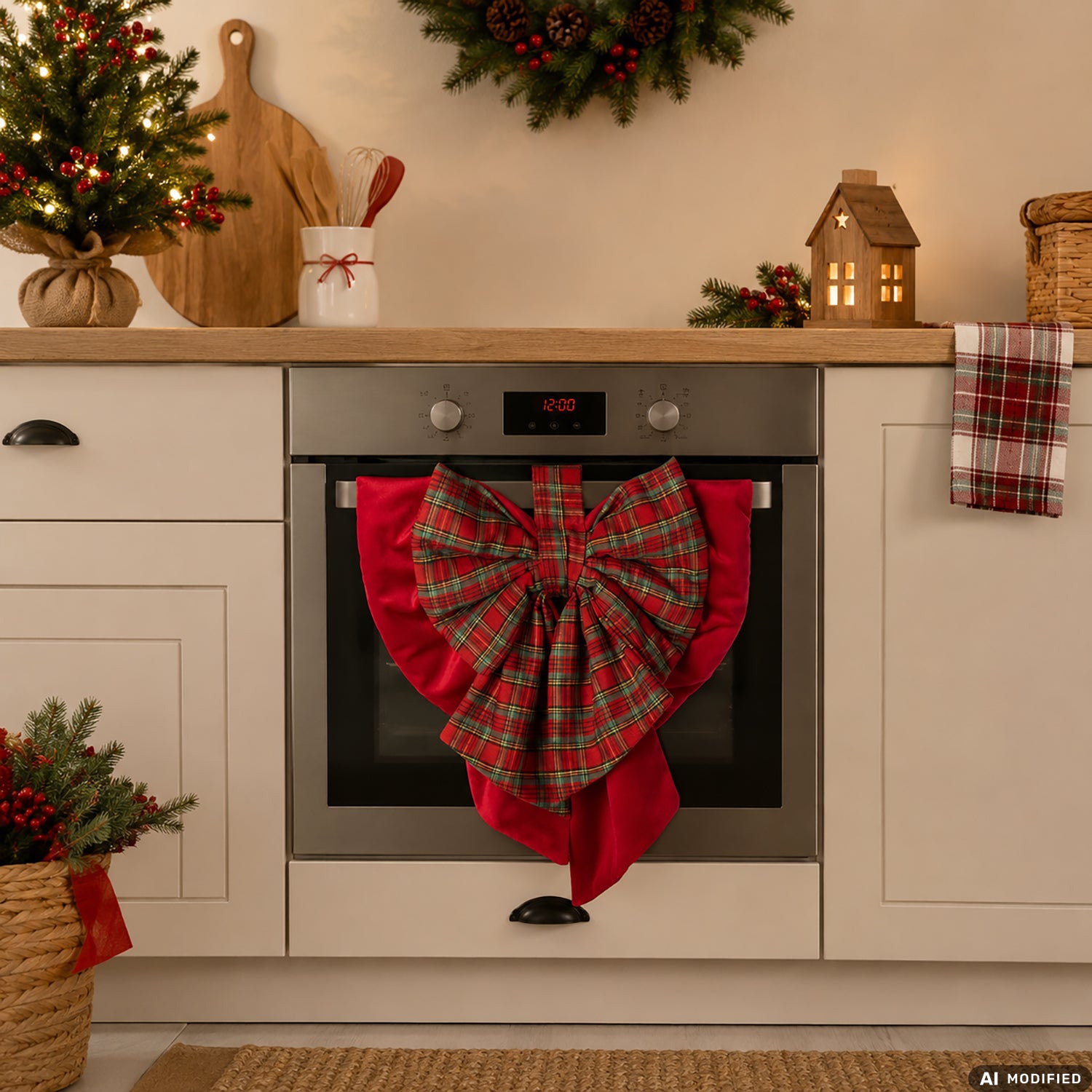 VESTIAMO CASA GRAN NATALE - Copriforno Natalizio Decorativo in Tessuto con Fiocco Scozzese 40x47 cm