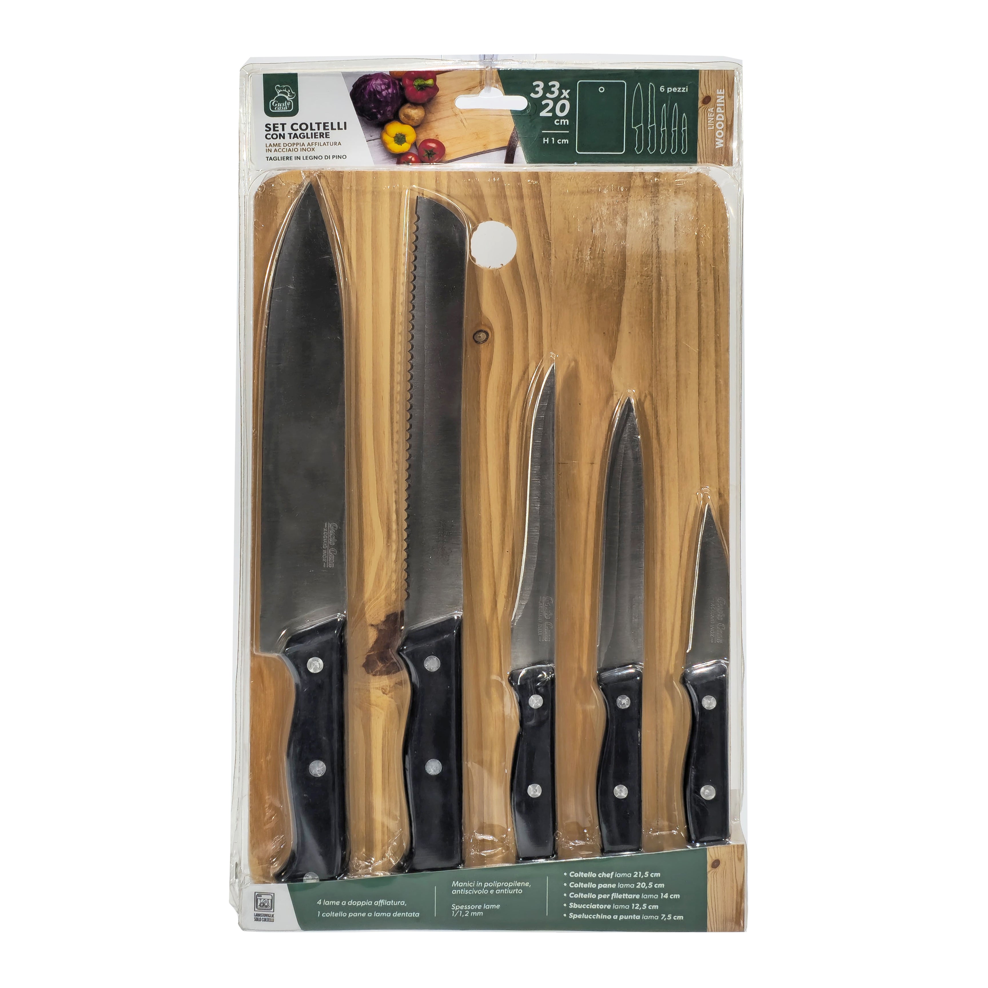 GUSTO CASA - Set Coltelli con tagliere in legno 33x20 cm Linea Woodpine