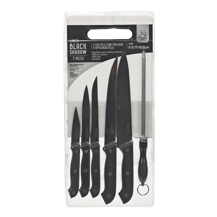 GUSTO CASA - Set Coltelli con tagliere in Polipropilene 7 Pezzi Linea Black Shadow