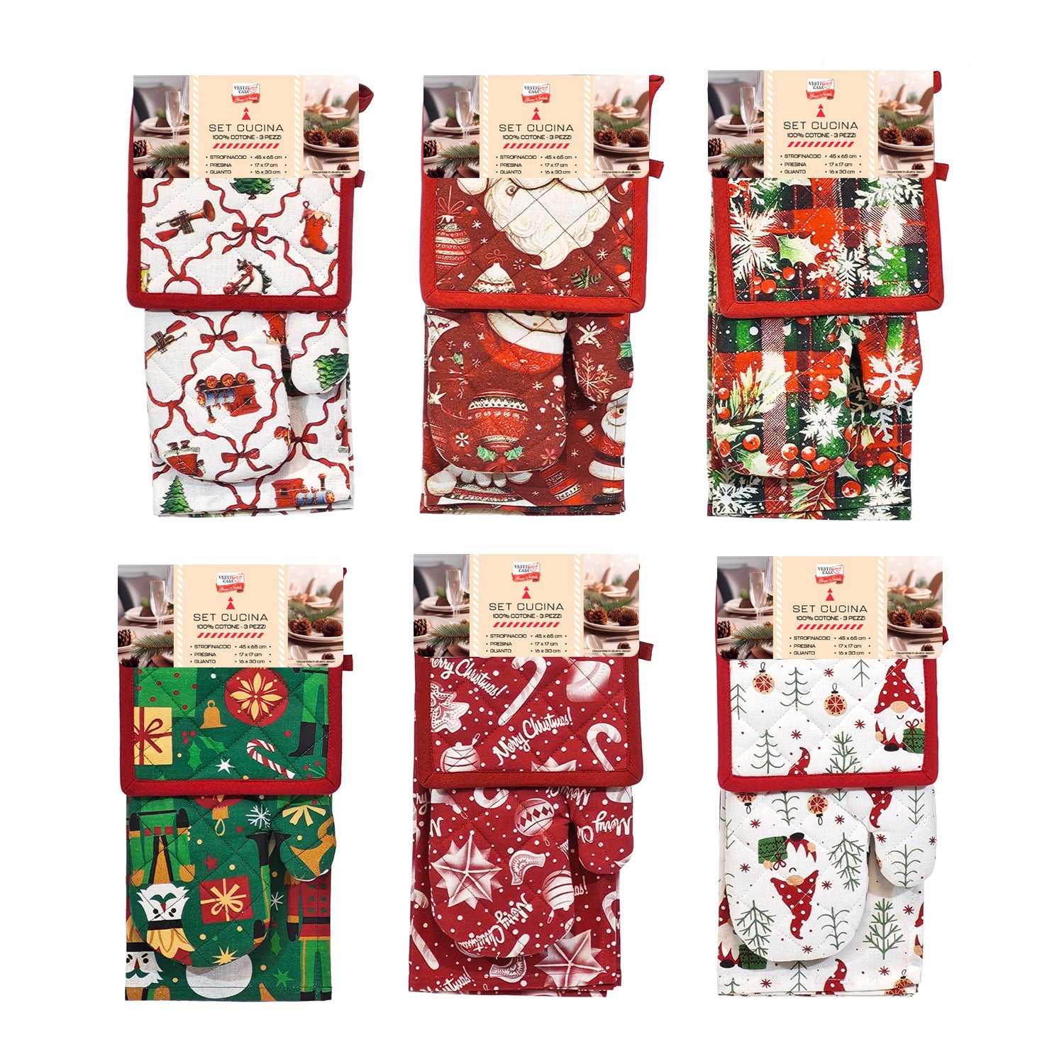 VESTIAMO CASA GRAN NATALE - Set Cucina Natalizio 3 Pezzi 100% Cotone con Guanto, Presina e Strofinaccio