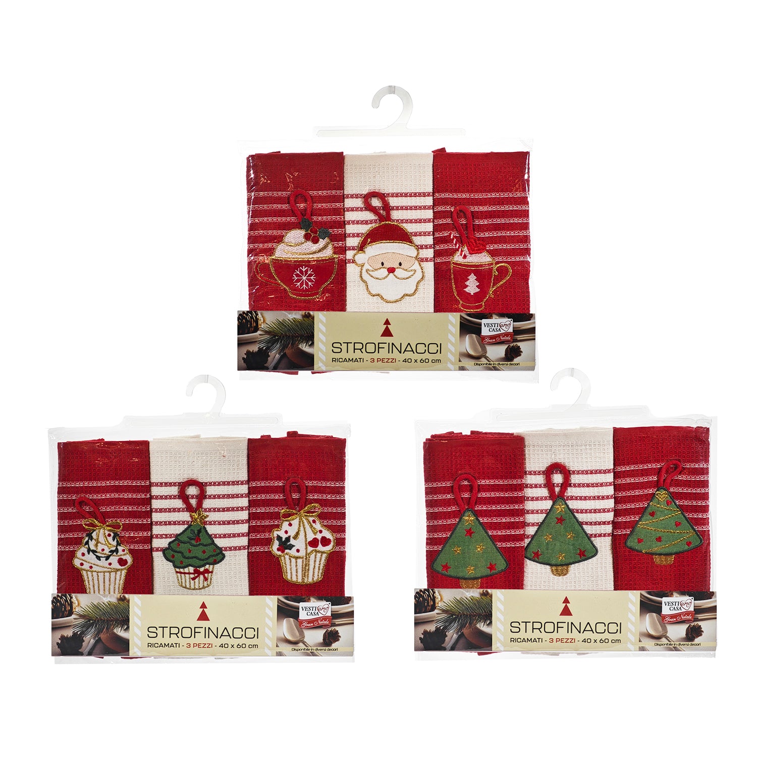 VESTIAMO CASA GRAN NATALE - Set Strofinacci Ricamati Natalizi 3 Pezzi h60x40 cm