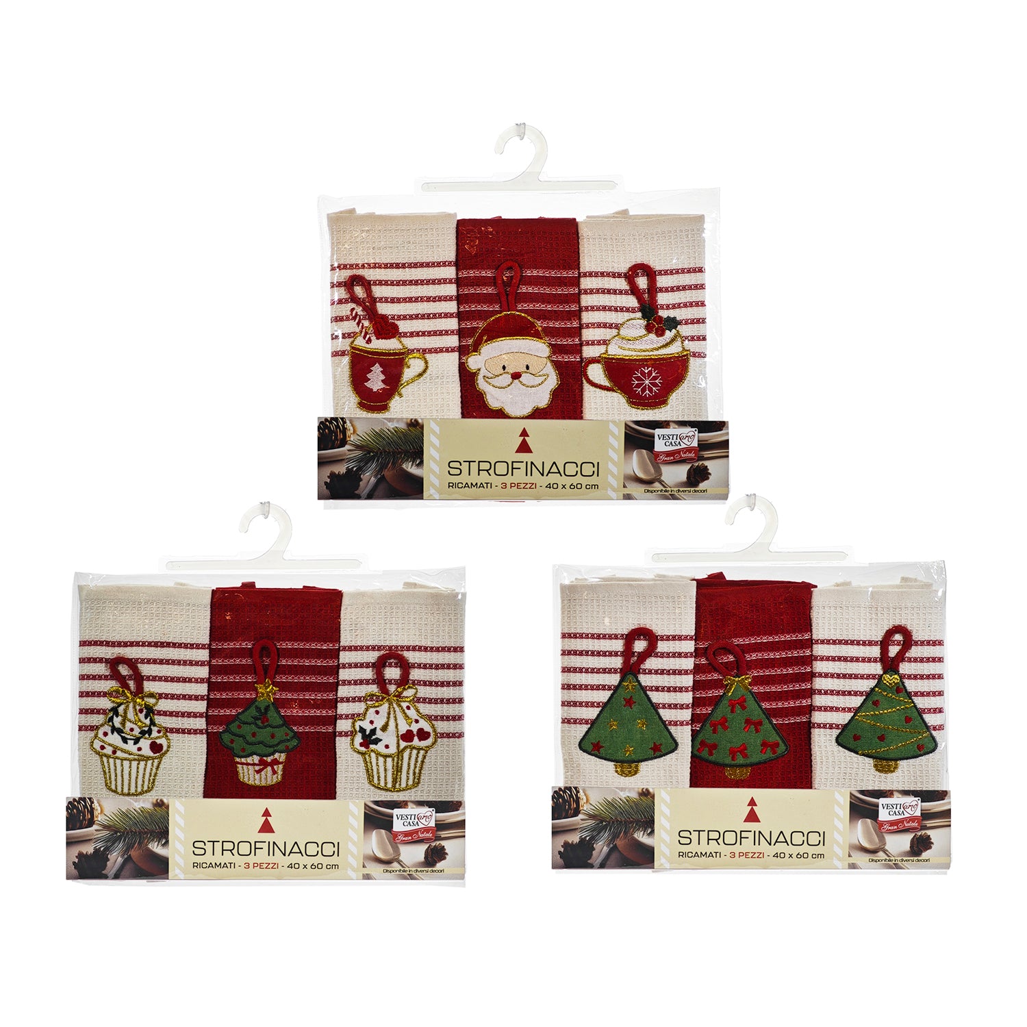 VESTIAMO CASA GRAN NATALE - Set Strofinacci Ricamati Natalizi 3 Pezzi h60x40 cm