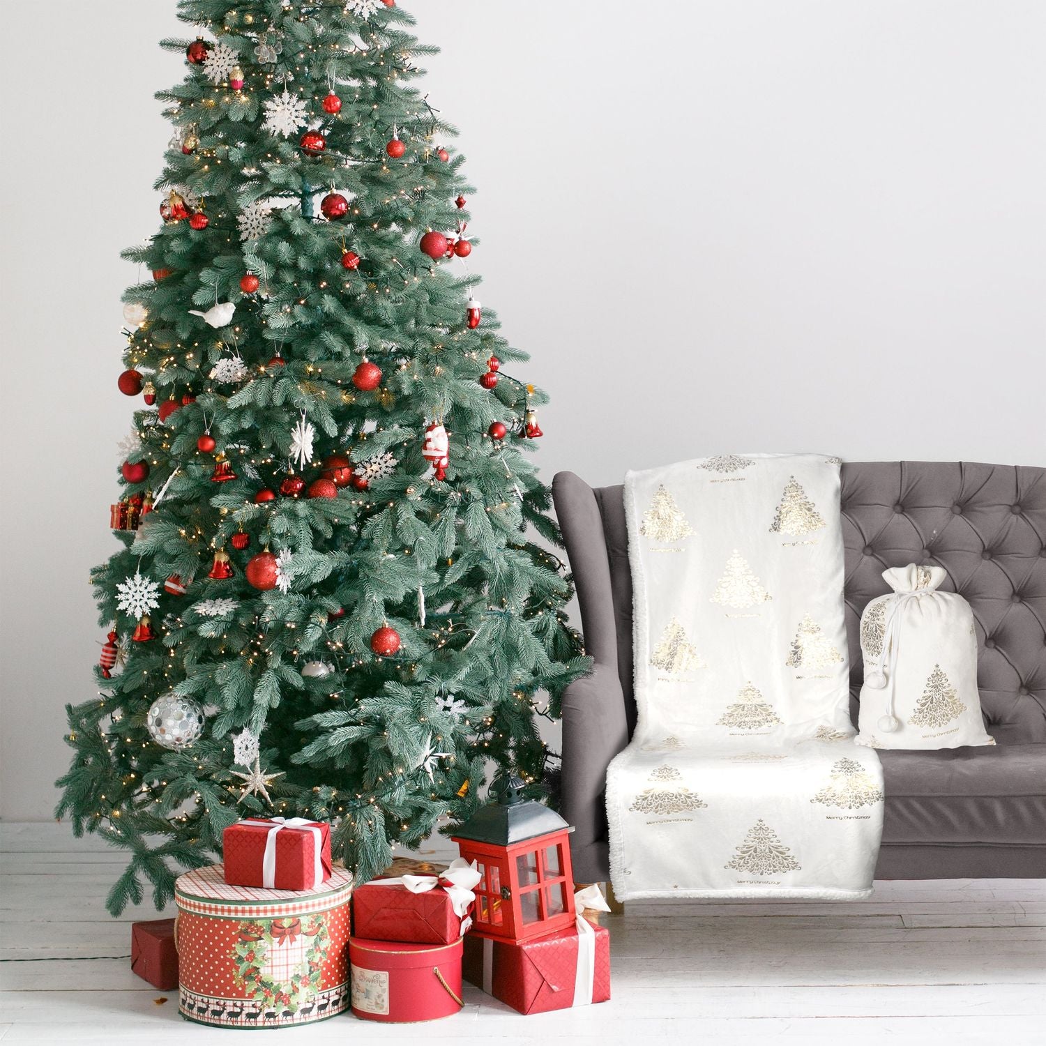 VESTIAMO CASA GRAN NATALE - Plaid Coperta Natalizia Bianco e Oro 125x150 cm