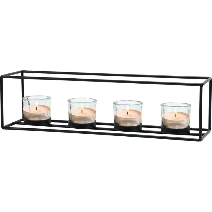 VESTIAMO CASA - Portacandele T-Light in metallo nero con bicchierino in vetro 4 candele - h45x12x12 cm
