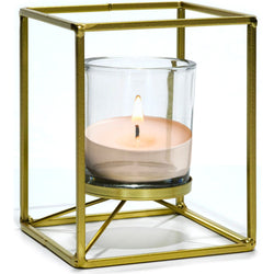 VESTIAMO CASA - Portacandele T-Light in metallo dorato con bicchierino in vetro - h16x13x13 cm