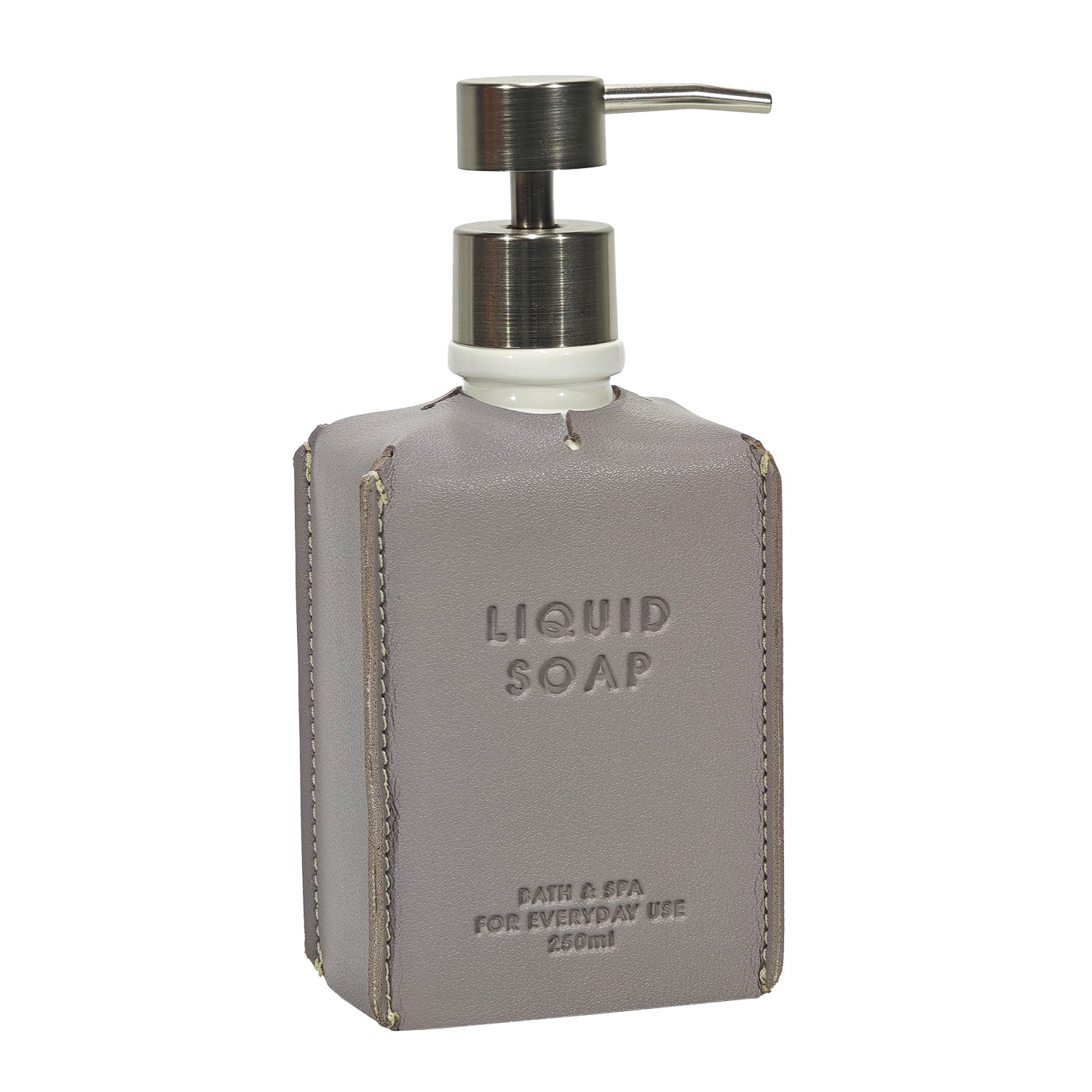 VESTIAMO CASA - Dispenser sapone in Ceramica con rivestimento in PU Effetto Pelle Grigio 250 ml - h18,6x8x5,8 cm