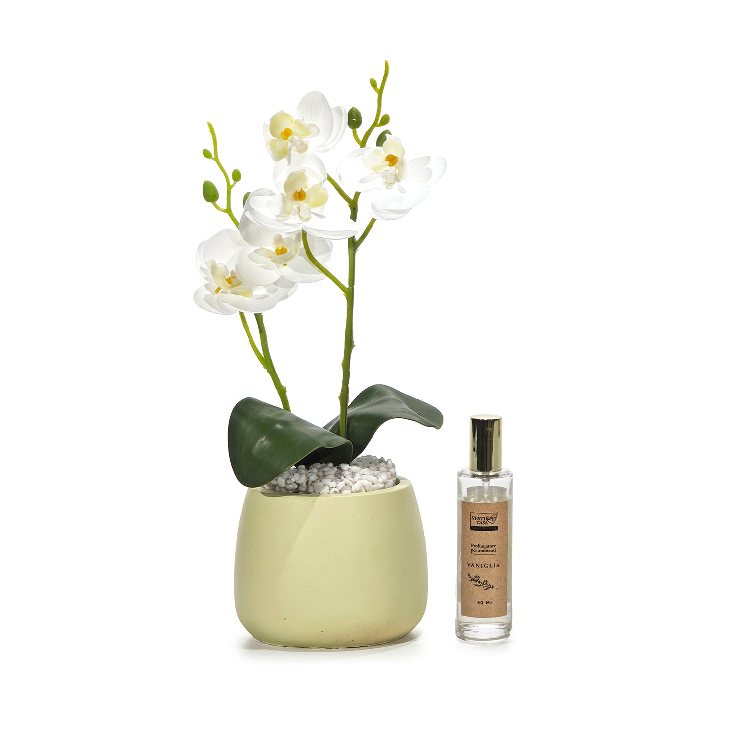 VESTIAMO CASA - Pianta con Vaso e Spray Profumato 30 ml - Orchidea Artificiale Decorativa