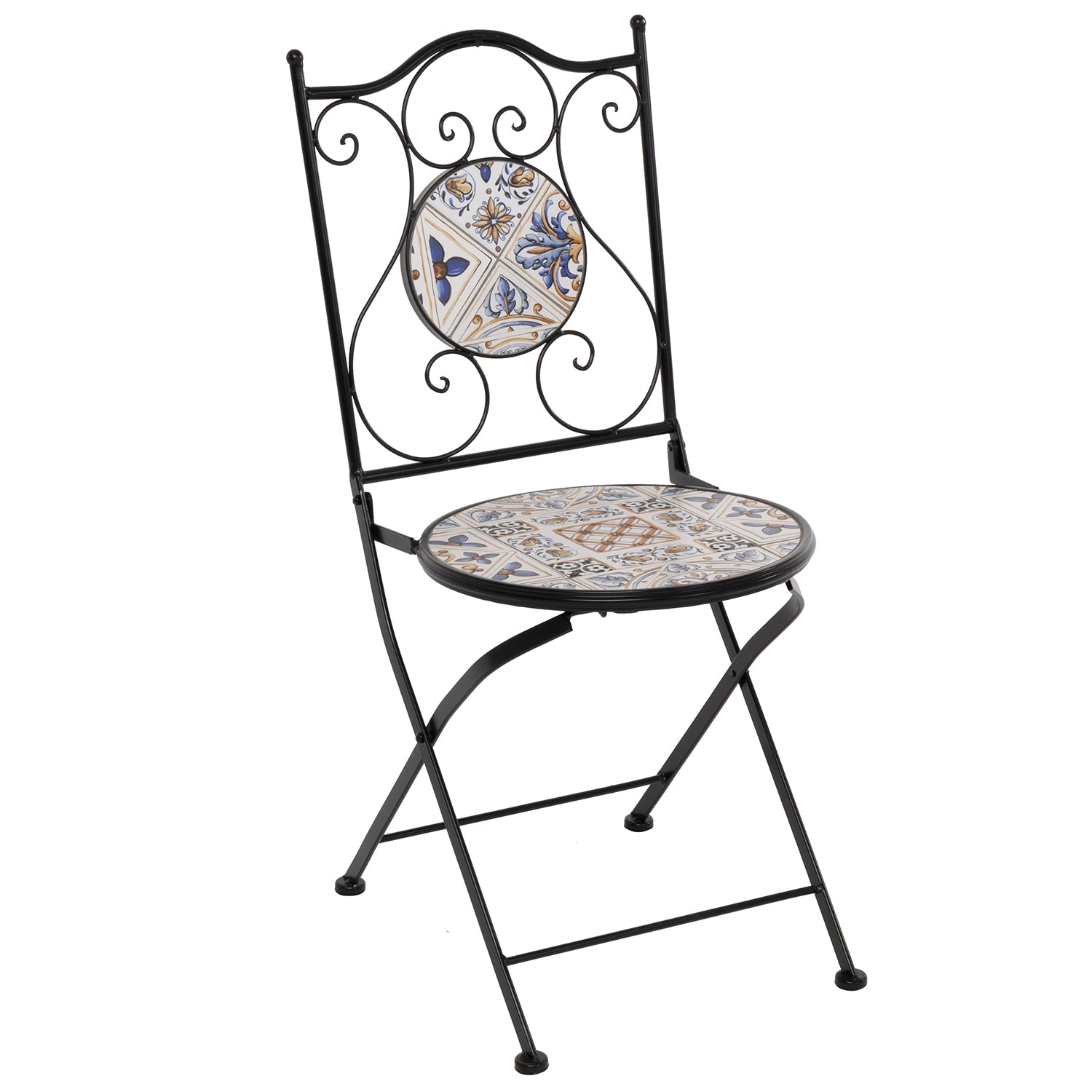 VESTIAMO CASA - Sedia Pieghevole in metallo nero con maioliche Blu - h92x38x46 cm