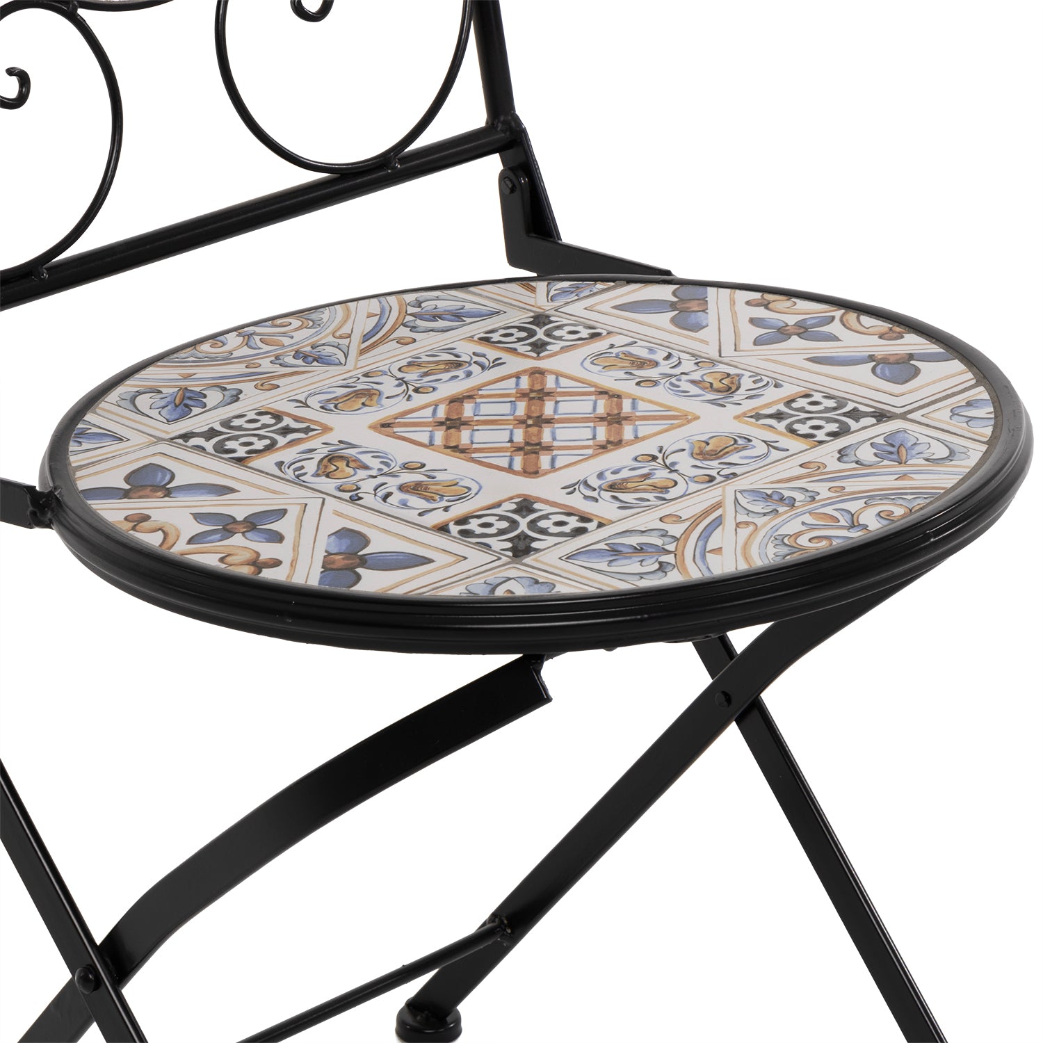 VESTIAMO CASA - Sedia Pieghevole in metallo nero con maioliche Blu - h92x38x46 cm