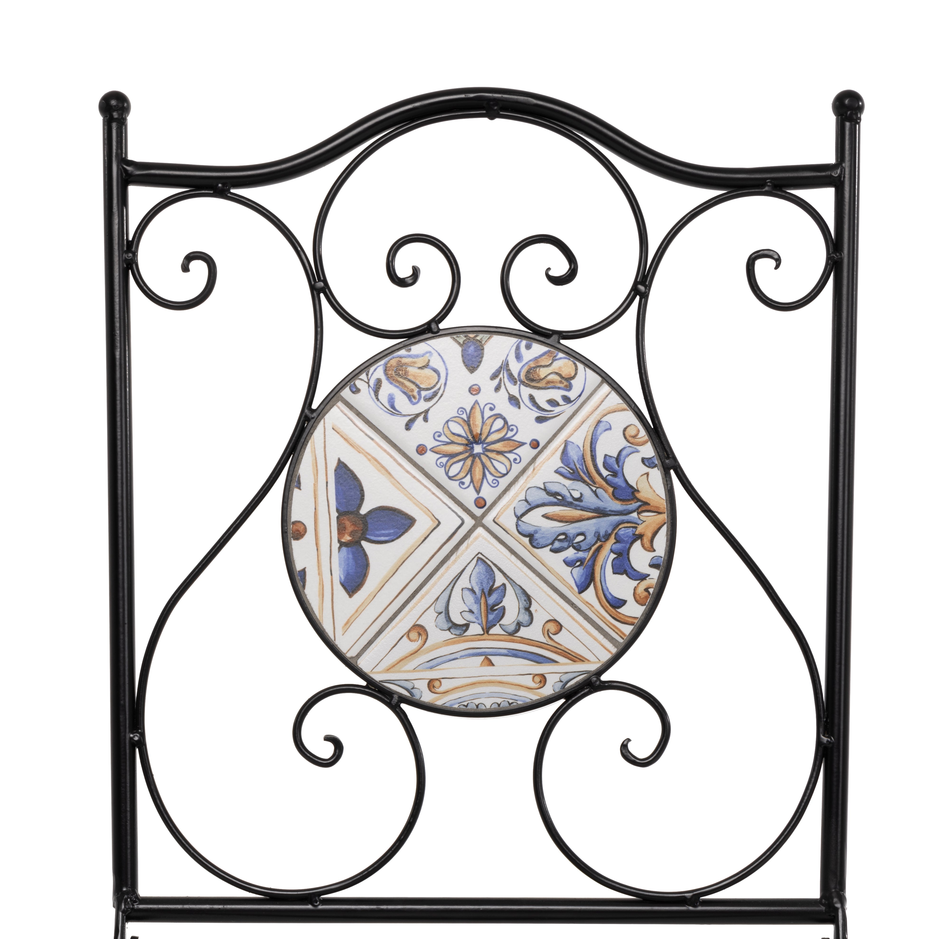 VESTIAMO CASA - Sedia Pieghevole in metallo nero con maioliche Blu - h92x38x46 cm