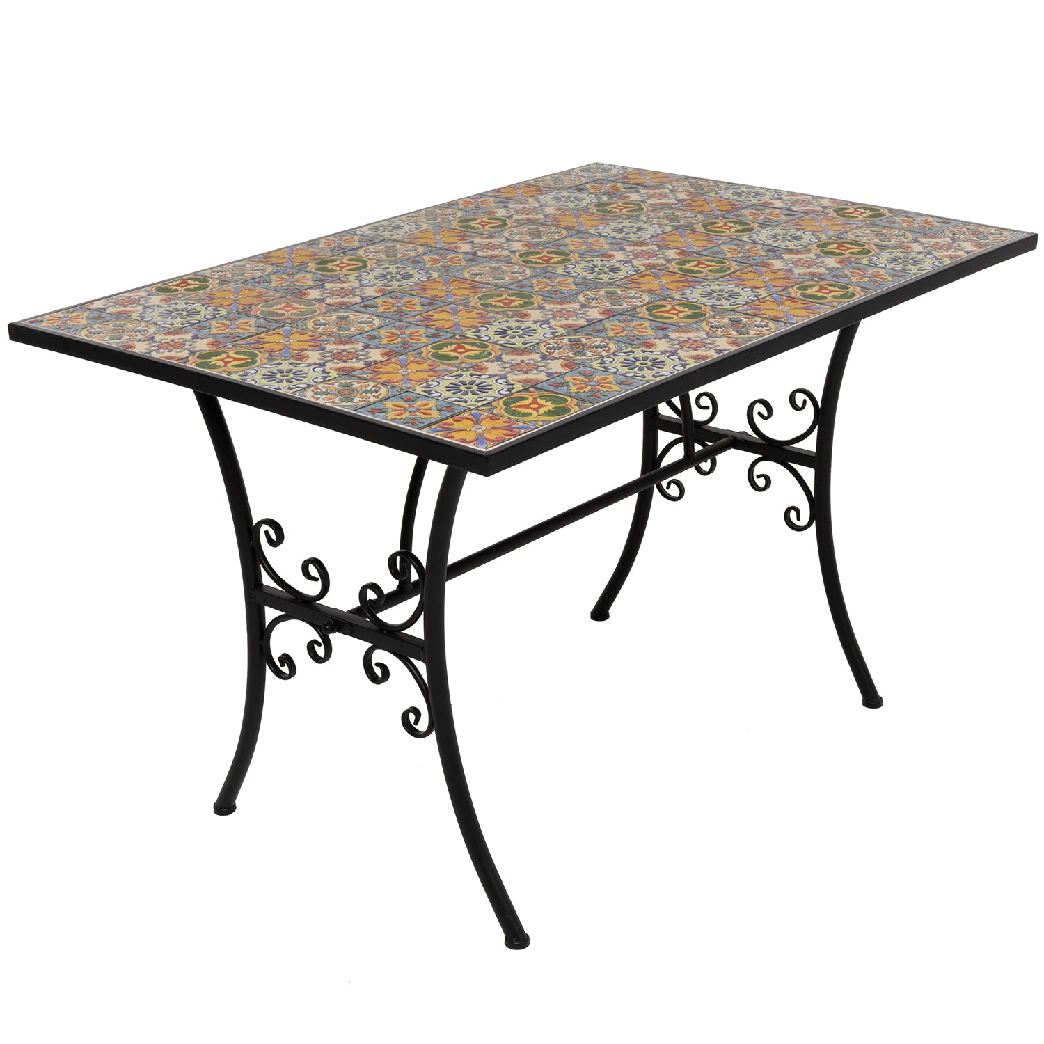 VESTIAMO CASA - Tavolo Rettangolare in metallo nero con top maioliche - h75x120x80 cm