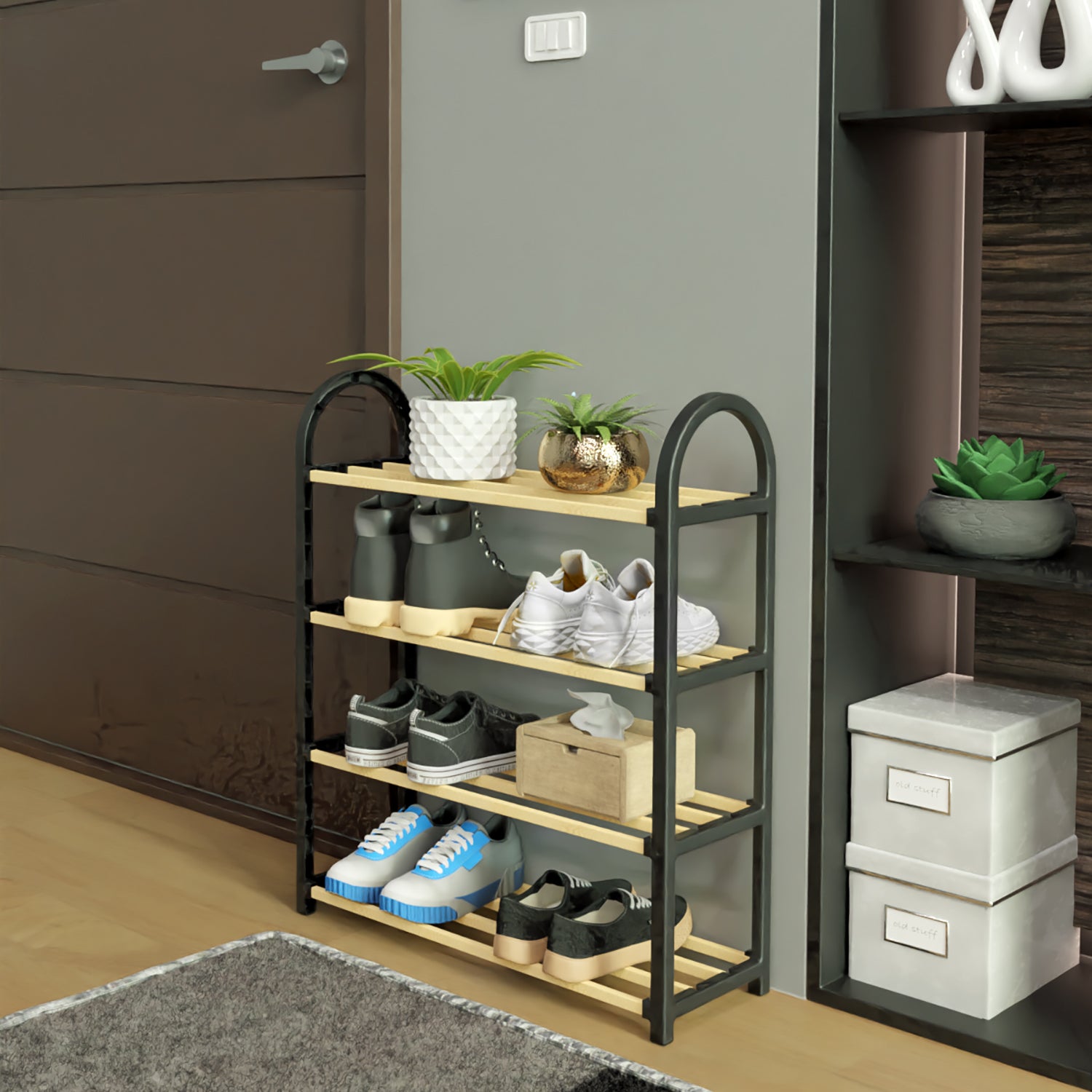 VESTIAMO CASA - Scarpiera Multiuso 4 ripiani in legno di pino Linea Woodpine - h64x50x18 cm