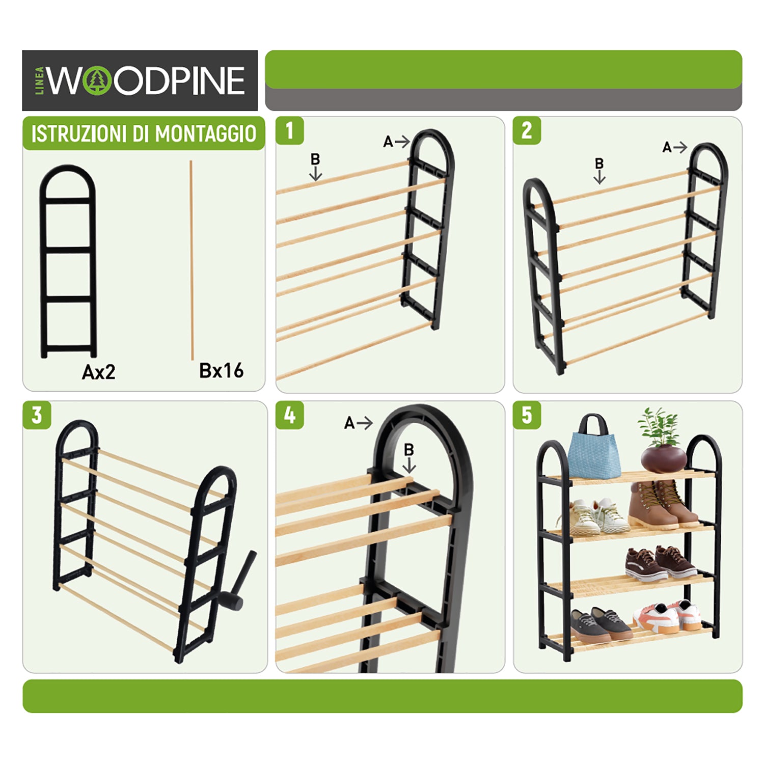 VESTIAMO CASA - Scarpiera Multiuso 4 ripiani in legno di pino Linea Woodpine - h64x50x18 cm