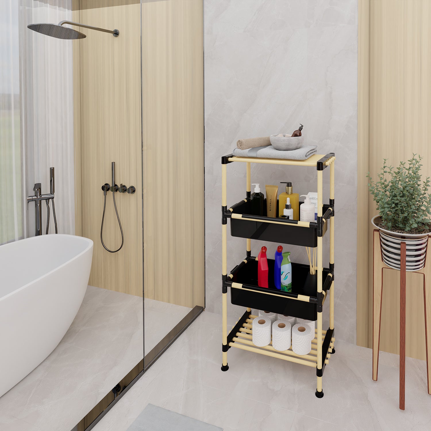 VESTIAMO CASA - Scaffale Multiuso 2 ripiani e 2 ceste in legno di pino Linea Woodpine - h92x50x28 cm